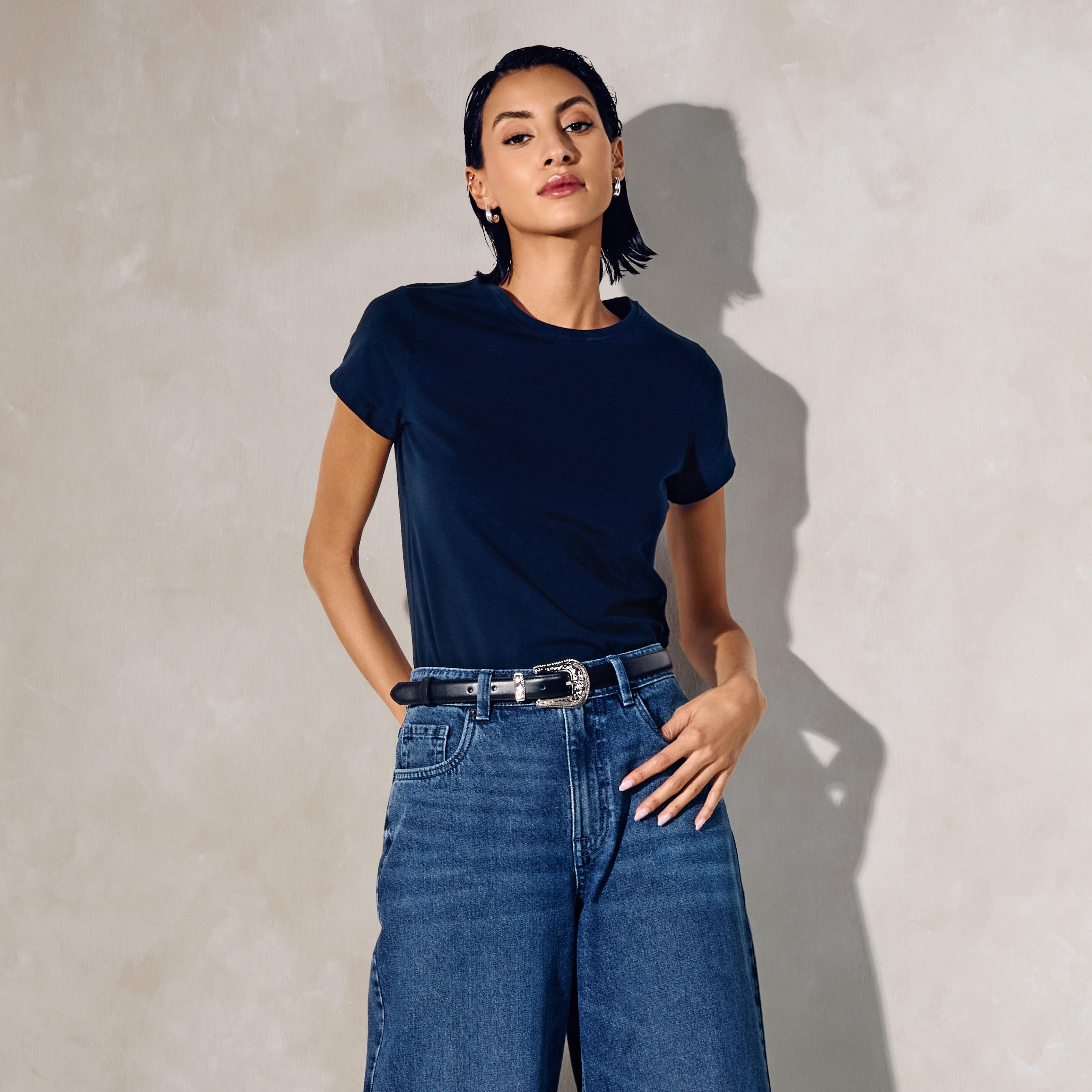 Crew Neck T-shirt with Cap Sleeves-women-clothing-tshirts-image-2