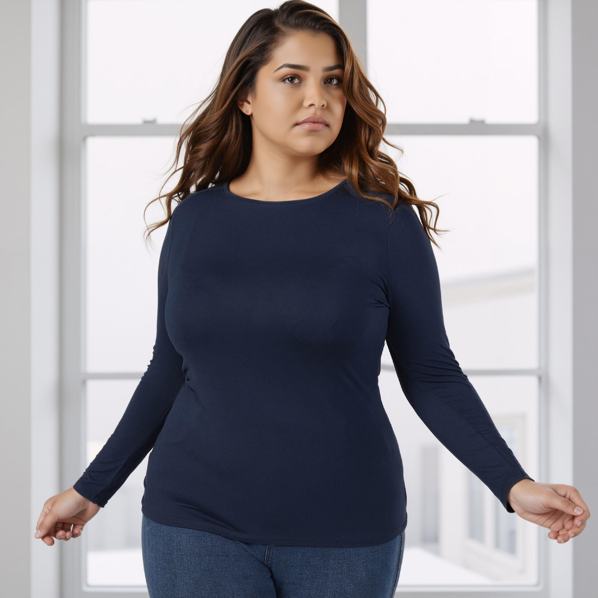 Plus Size Plain T-shirt with Round Neck and Long Sleeves-women-clothing-tshirts-image-1