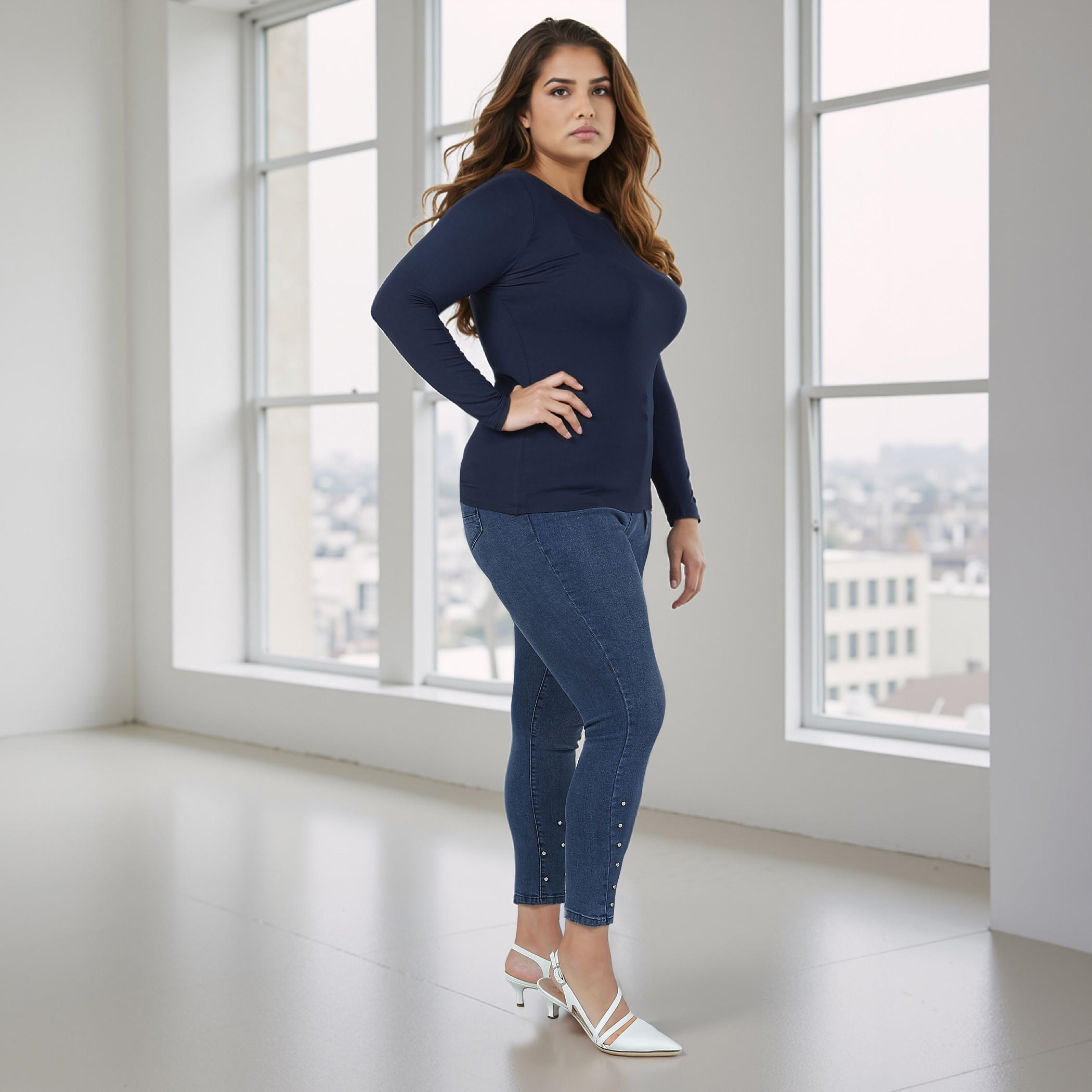 Plus Size Plain T-shirt with Round Neck and Long Sleeves-women-clothing-tshirts-image-2