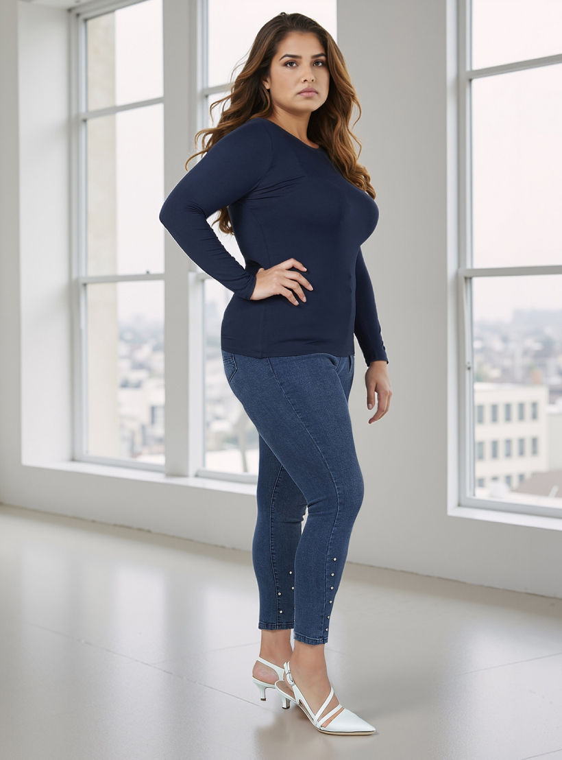 Plus Size Plain T-shirt with Round Neck and Long Sleeves-women-clothing-tshirts-image-2
