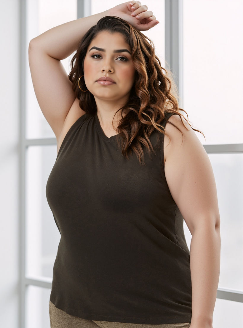 تيشيرت مقاس كبير سادة دون أكمام بياقة مستديرة-women-clothing-tshirts-image-1