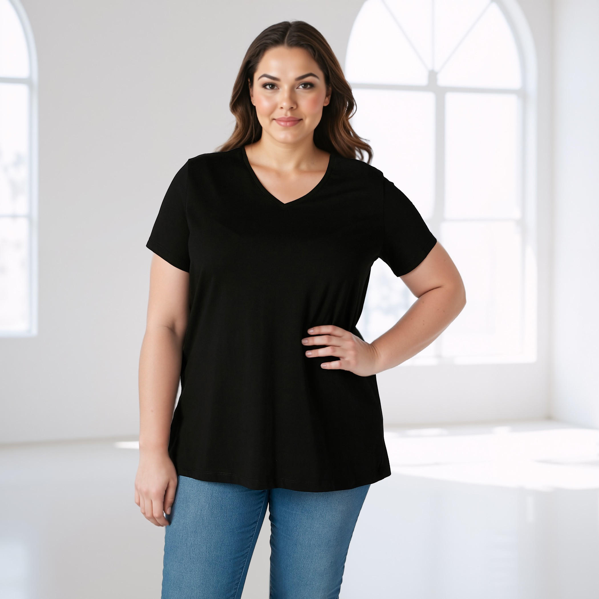 بلوزة سادة بياقة V وأكمام قصيرة-women-clothing-tshirts-image-1