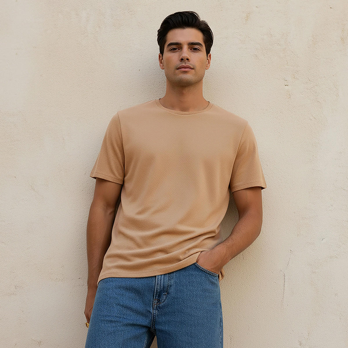 Iconic Slim Fit Textured Crew Neck T-shirt with Short Sleeves-men-clothing-tshirtsandpolos-tshirts-image-1