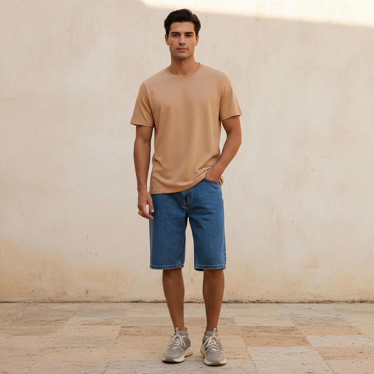 تيشيرت بارز الملمس بقصّة سليم وياقة ضيّقة وأكمام قصيرة من أيكونيك-men-clothing-tshirtsandpolos-tshirts-image-3