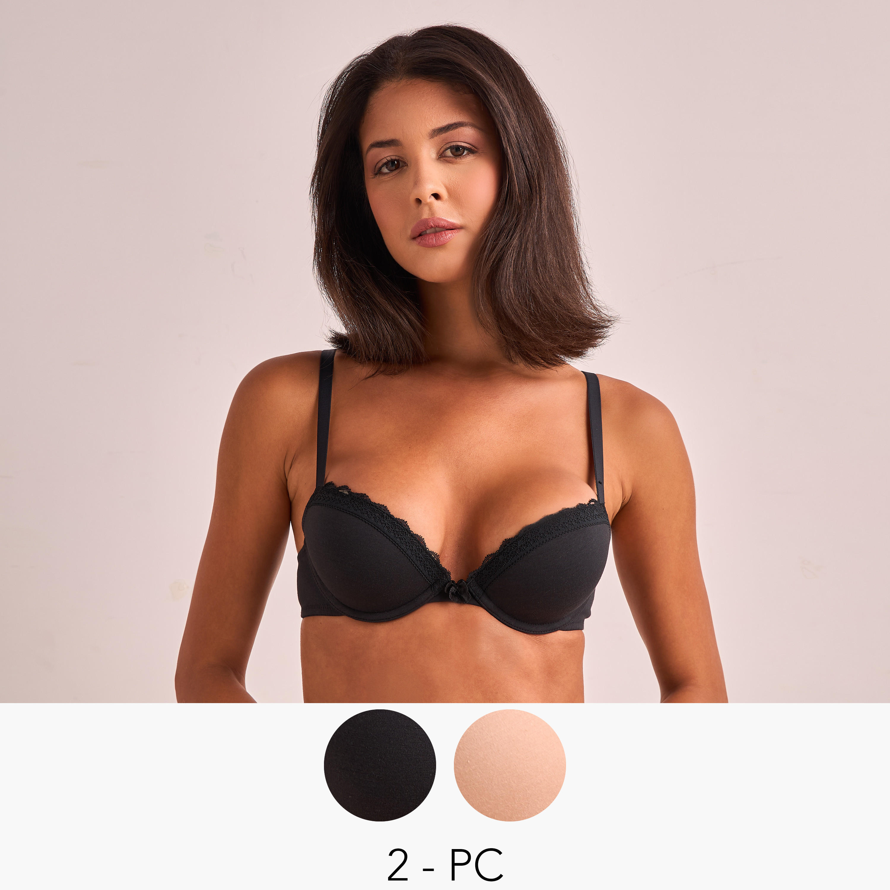 Set of 2 - Padded Plunge Bra with Hook and Eye Closure and Antibacterial Protection-women-clothing-lingerie-bras-image-1