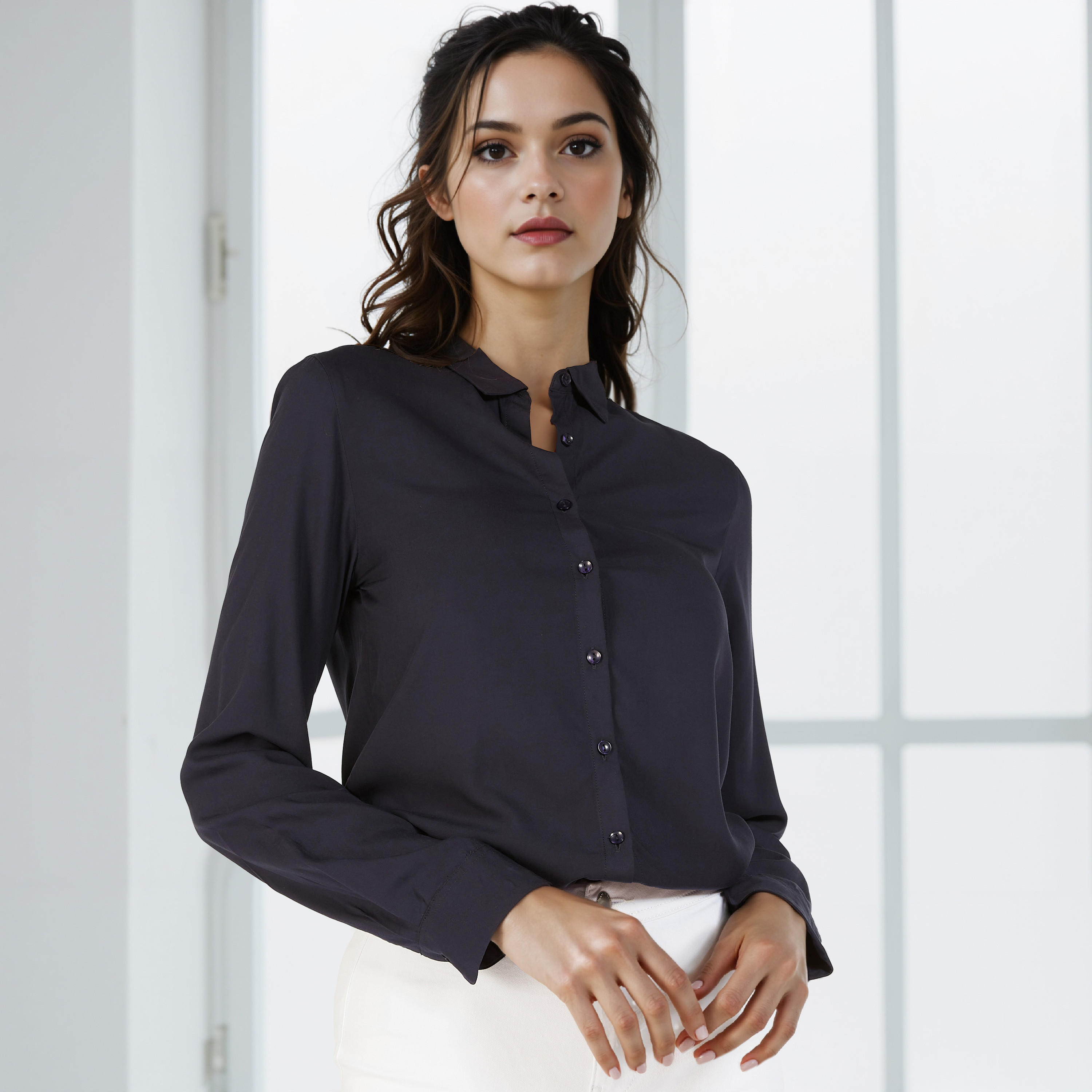 Slim Fit Collared Shirt with Long Sleeves-women-clothing-shirtsandblouses-shirts-image-1