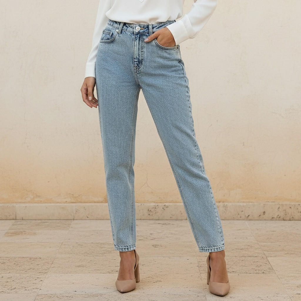 بنطلون جينز بقصة موم وخصر عالي-women-clothing-bottoms-jeans-image-1