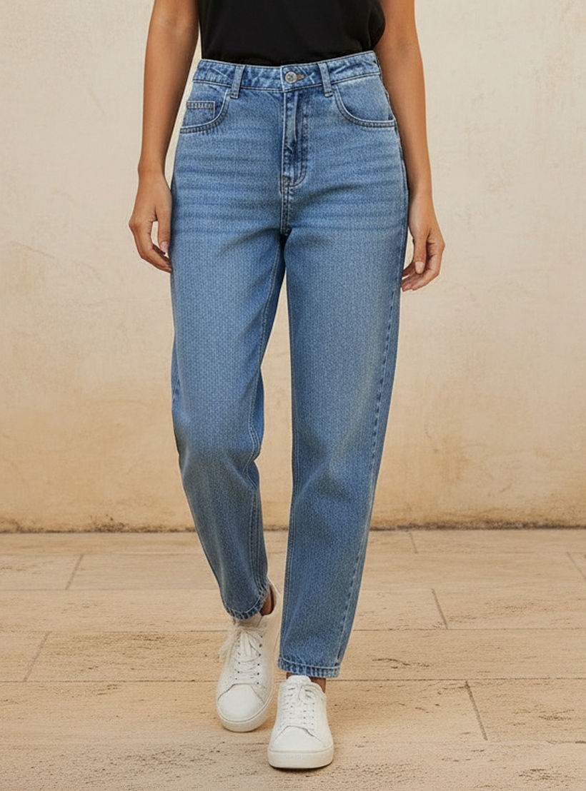 بنطلون جينز بقصة موم وخصر عالي-women-clothing-bottoms-jeans-image-1