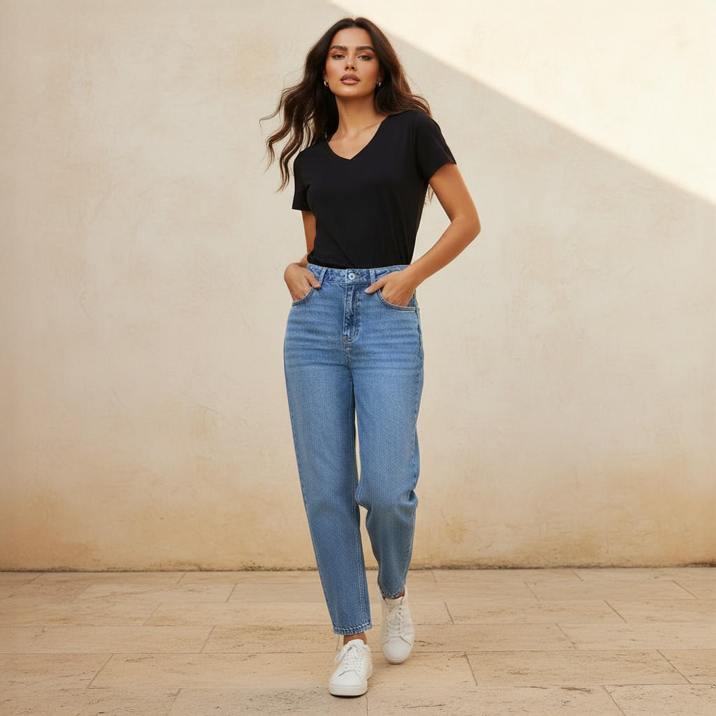 بنطلون جينز بقصة موم وخصر عالي-women-clothing-bottoms-jeans-image-3