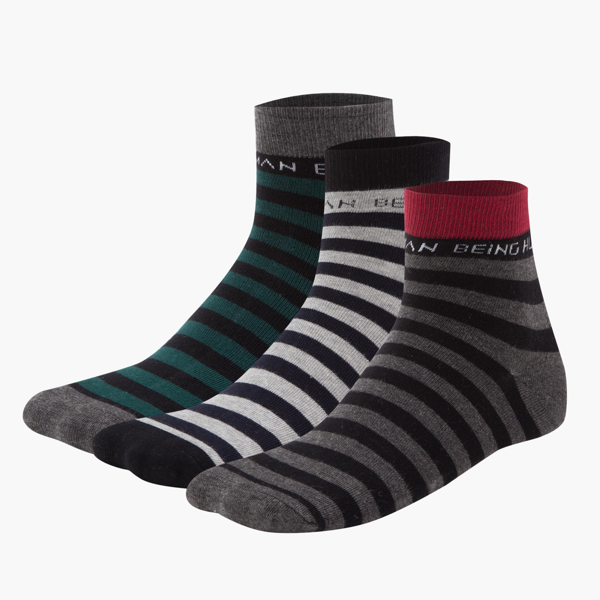 Being Human Striped Cotton Ankle Socks - Set of 3-men-socks-image-1