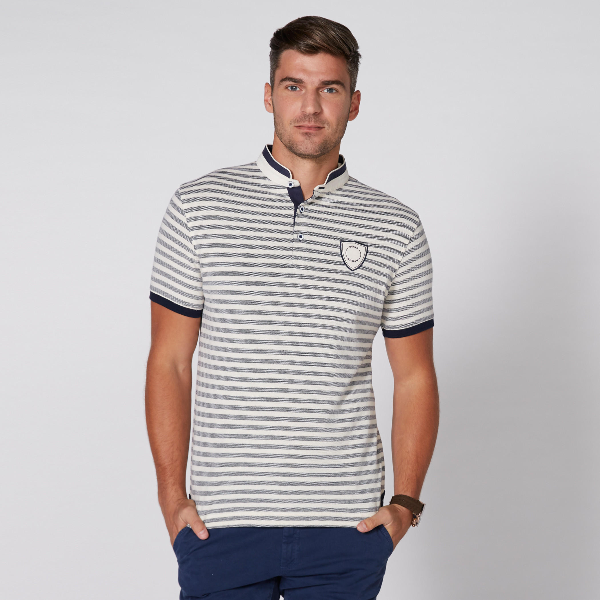 Being Human Striped T-Shirt with Mandarin Collar and Short Sleeves-men-clothing-tshirtsandpolos-tshirts-image-1