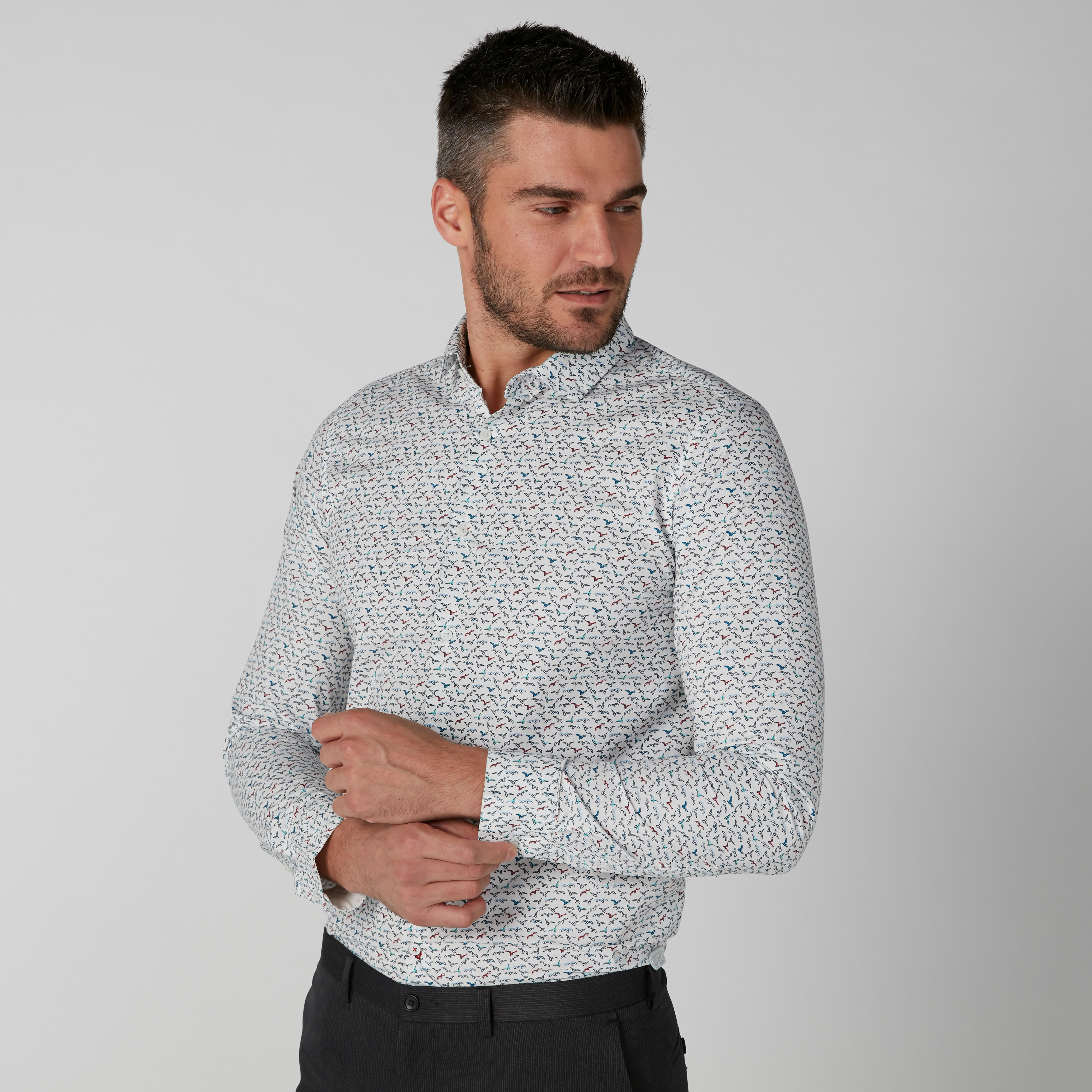 قميص مستدام سليم فيت بأكمام طويلة وطبعات بيينج هيومان-men-clothing-shirts-image-2