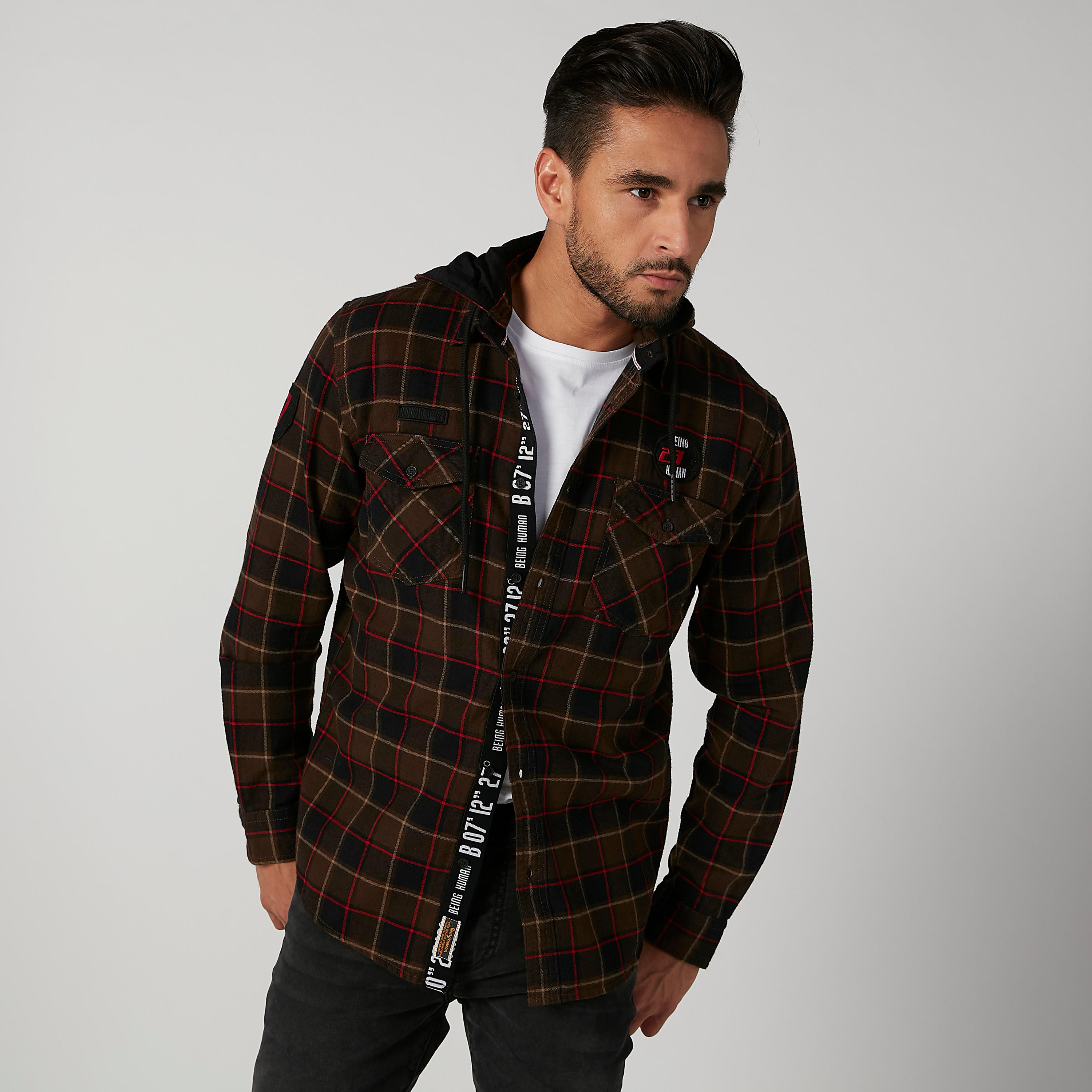 Being Human Chequered Shirt with Long Sleeves and Hood-men-clothing-shirts-image-1