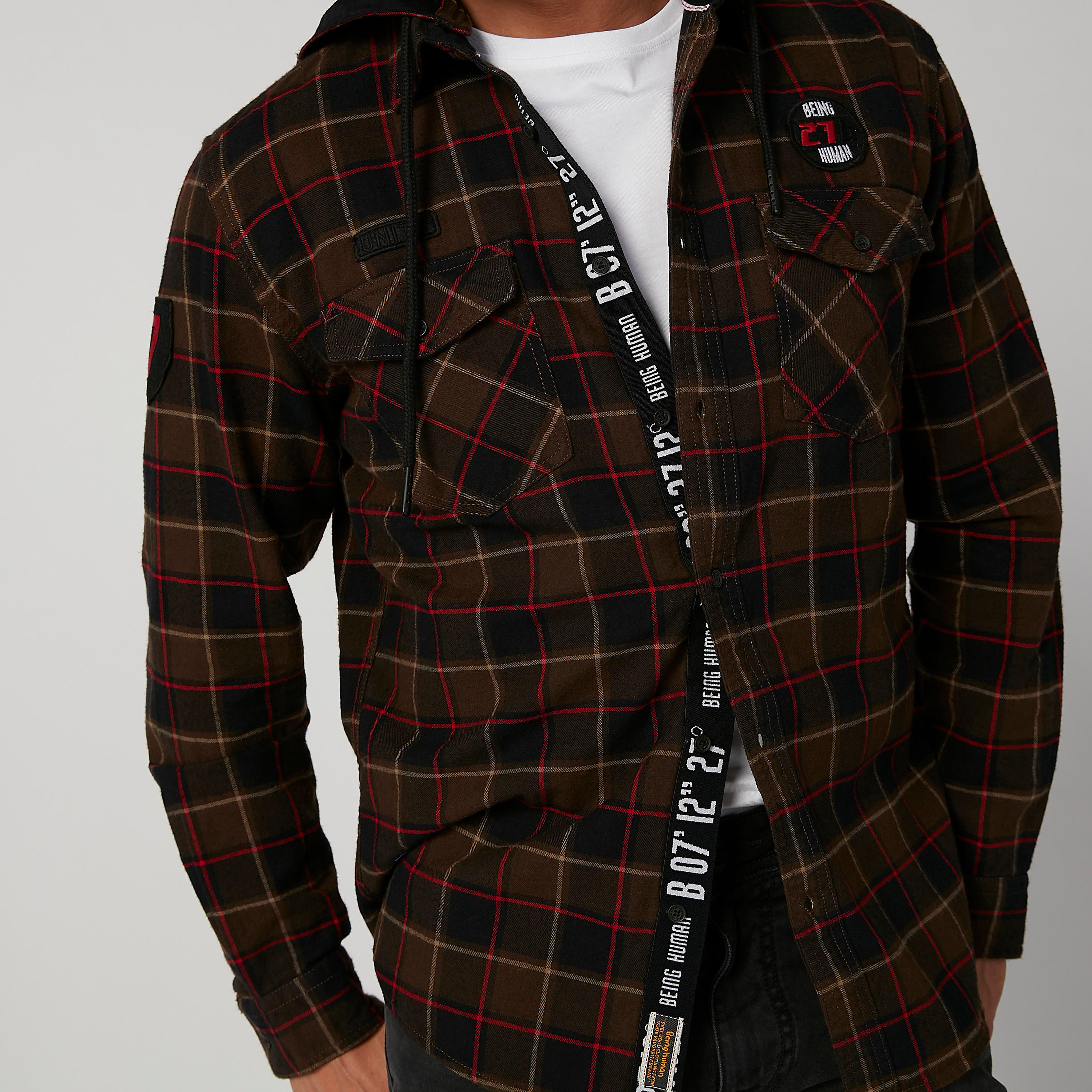 Being Human Chequered Shirt with Long Sleeves and Hood-men-clothing-shirts-image-5