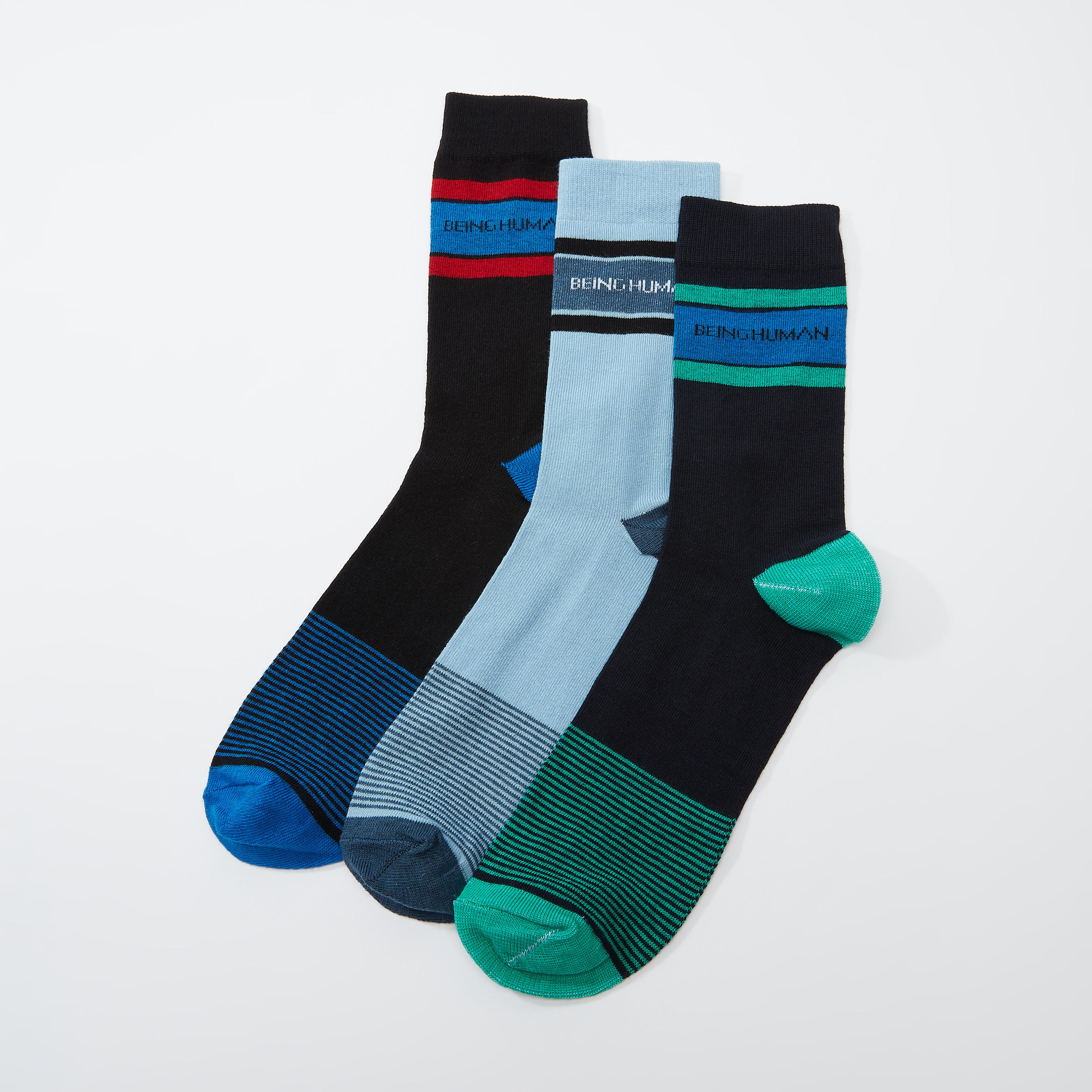 Set of 3 - Being Human Striped Calf Length Socks-men-socks-image-1