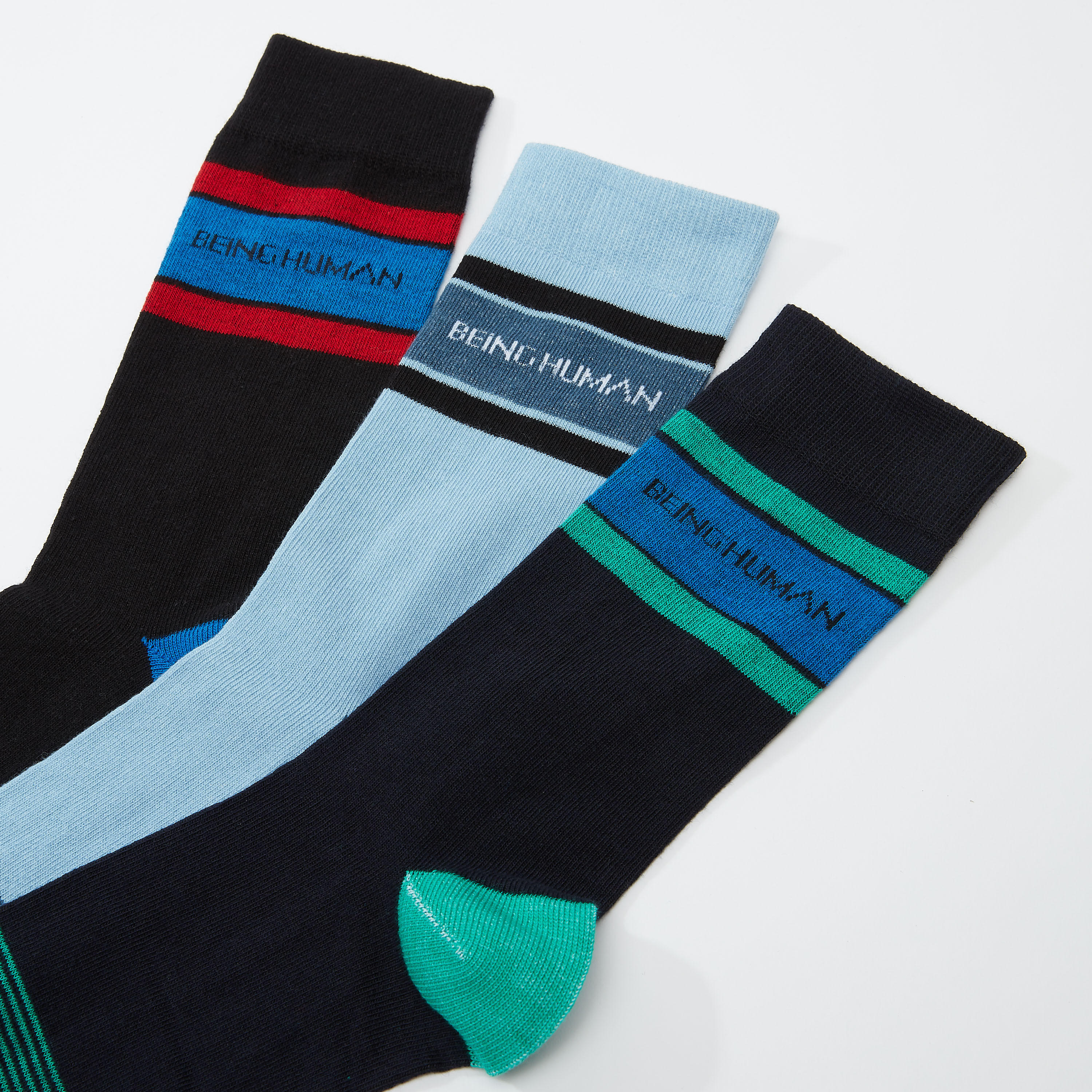 Set of 3 - Being Human Striped Calf Length Socks-men-socks-image-2