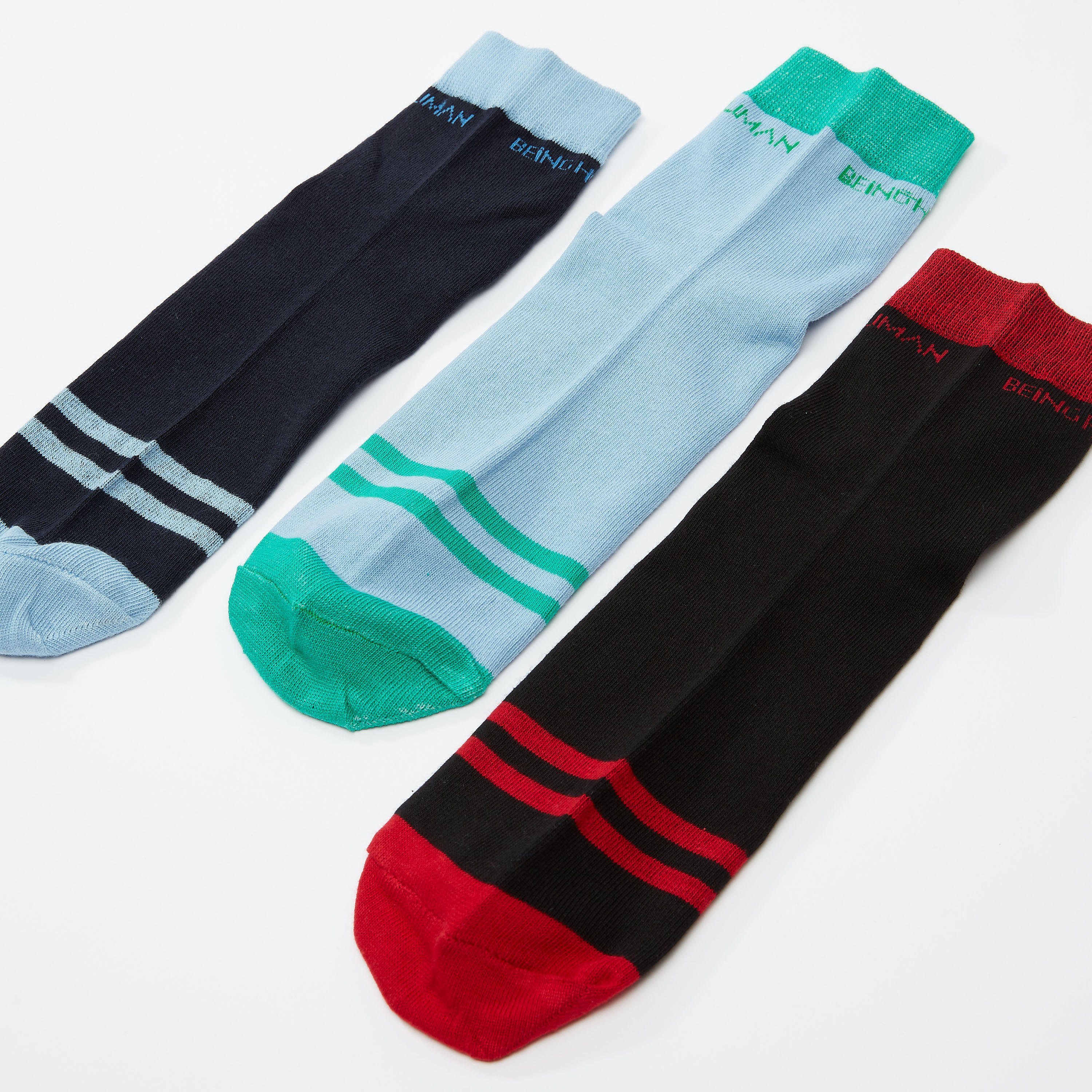 جوارب مقلّمة بطول الكاحل بحوّاف مضلّعة من بيينج هيومان - طقم من 3 أزواج-men-socks-image-3