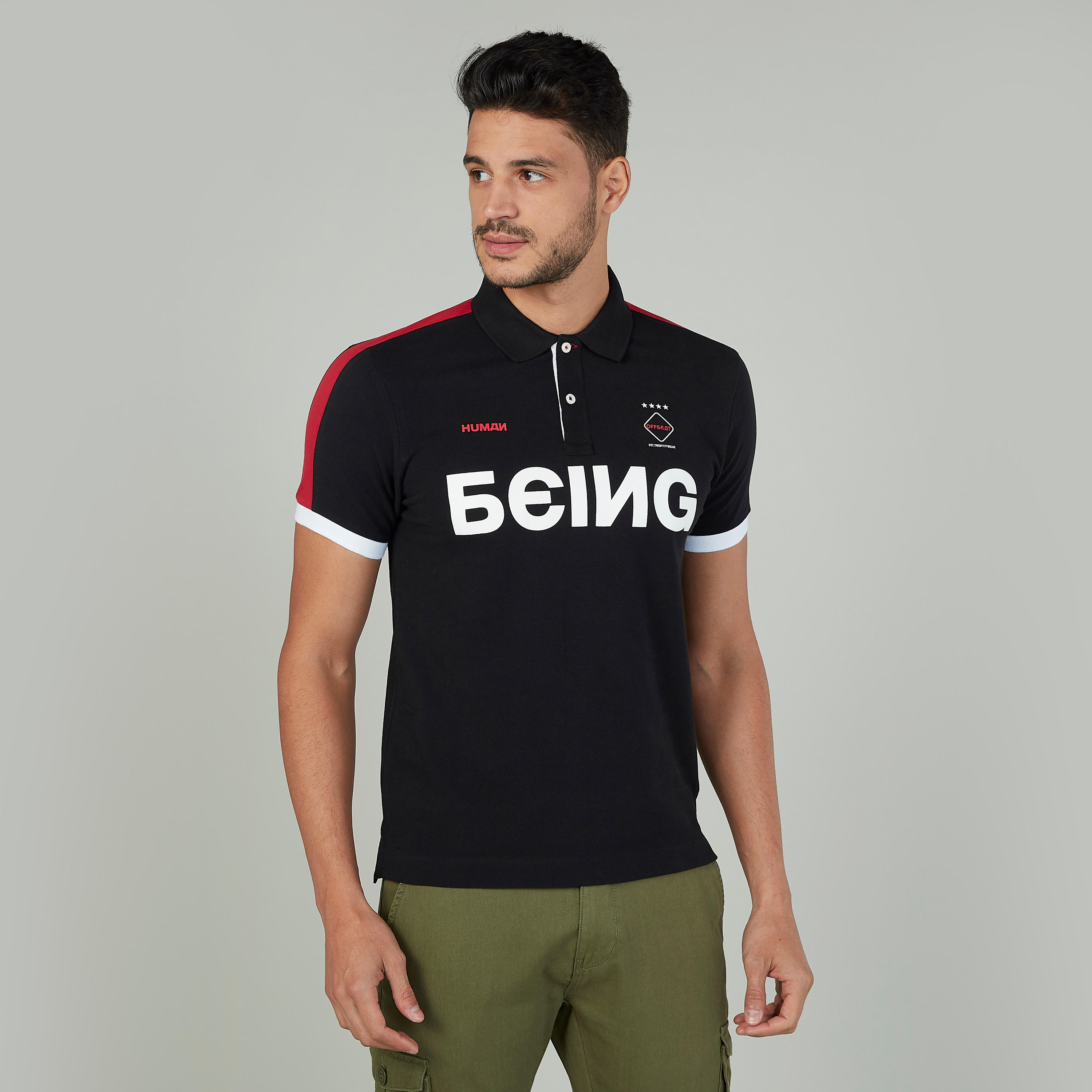 تيشيرت بأكمام مغايرة وياقة بولو وطبعات بيينج هيومان-men-clothing-tshirtsandpolos-polos-image-1