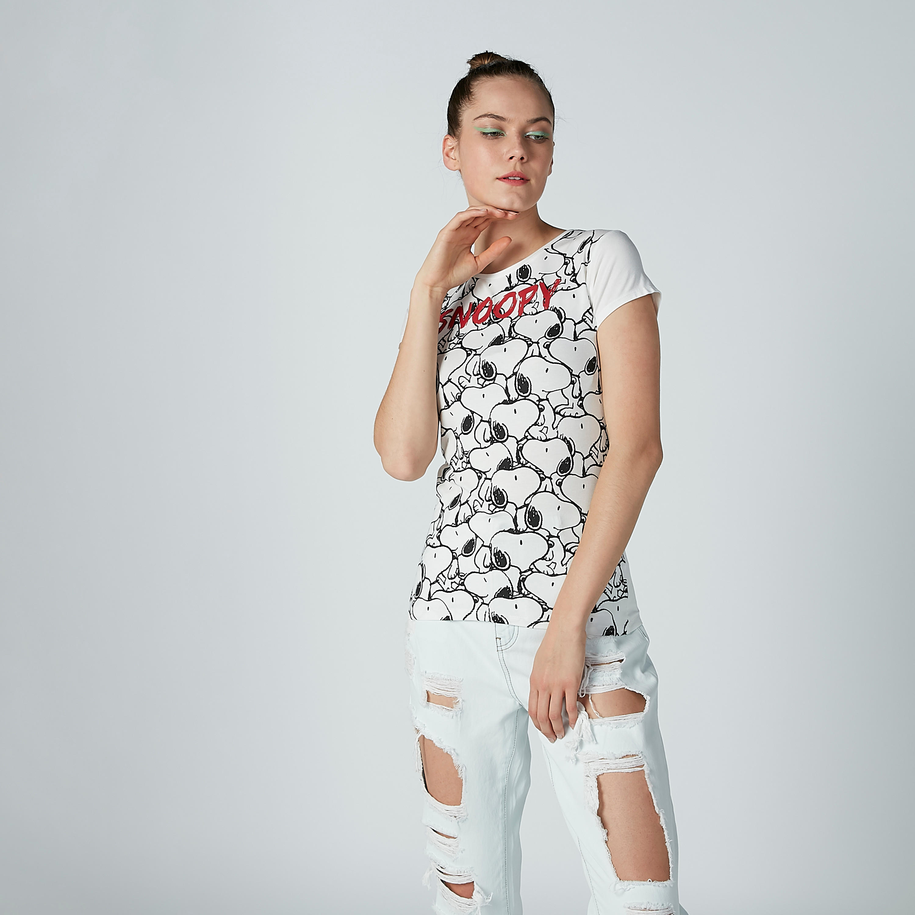 Snoopy Printed T-shirt with Round Neck and Cap Sleeves-women-clothing-tshirts-image-2