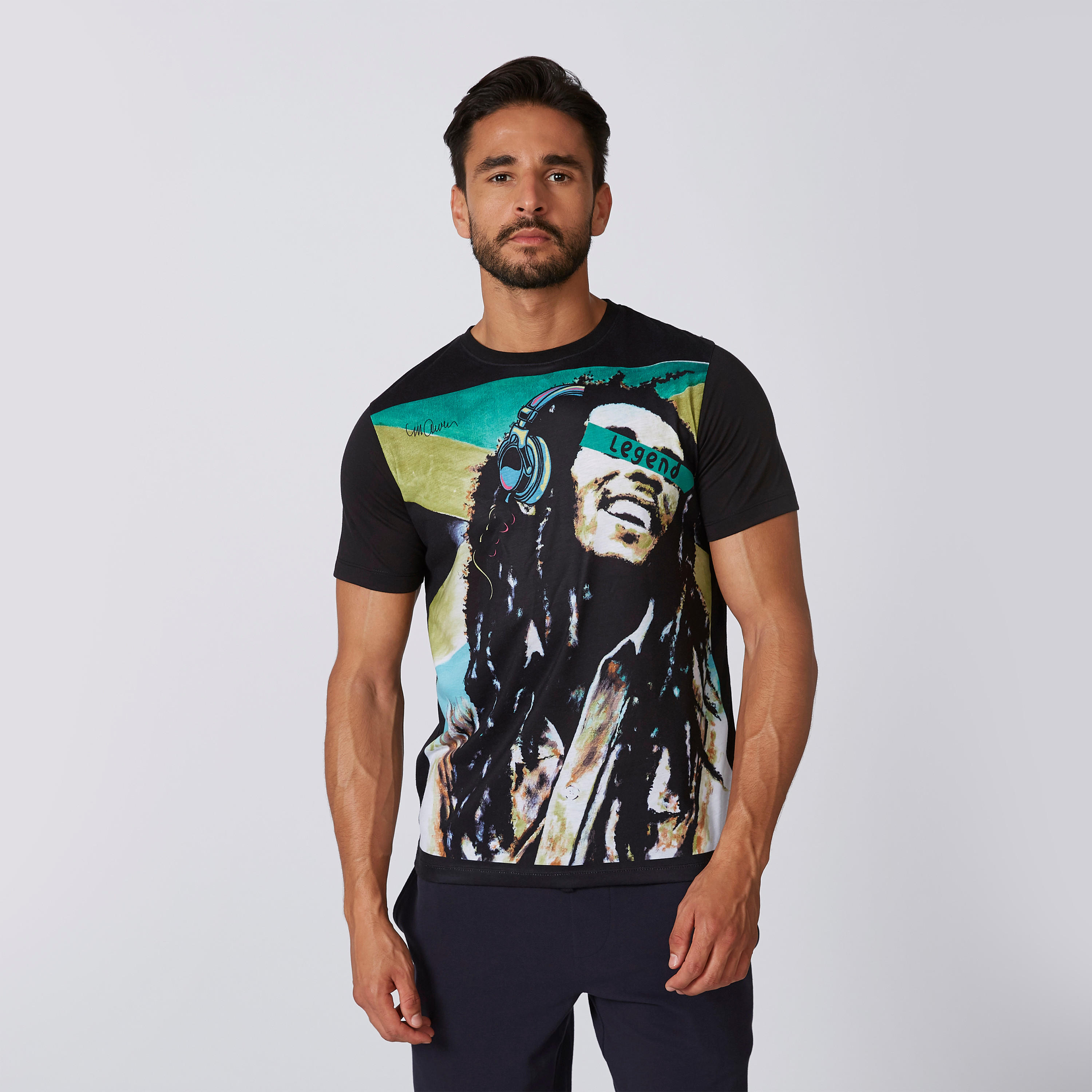 تيشيرت سليم بياقة ضيقة وأكمام قصيرة وطبعات بوب مارلي-men-clothing-tshirtsandpolos-tshirts-image-1