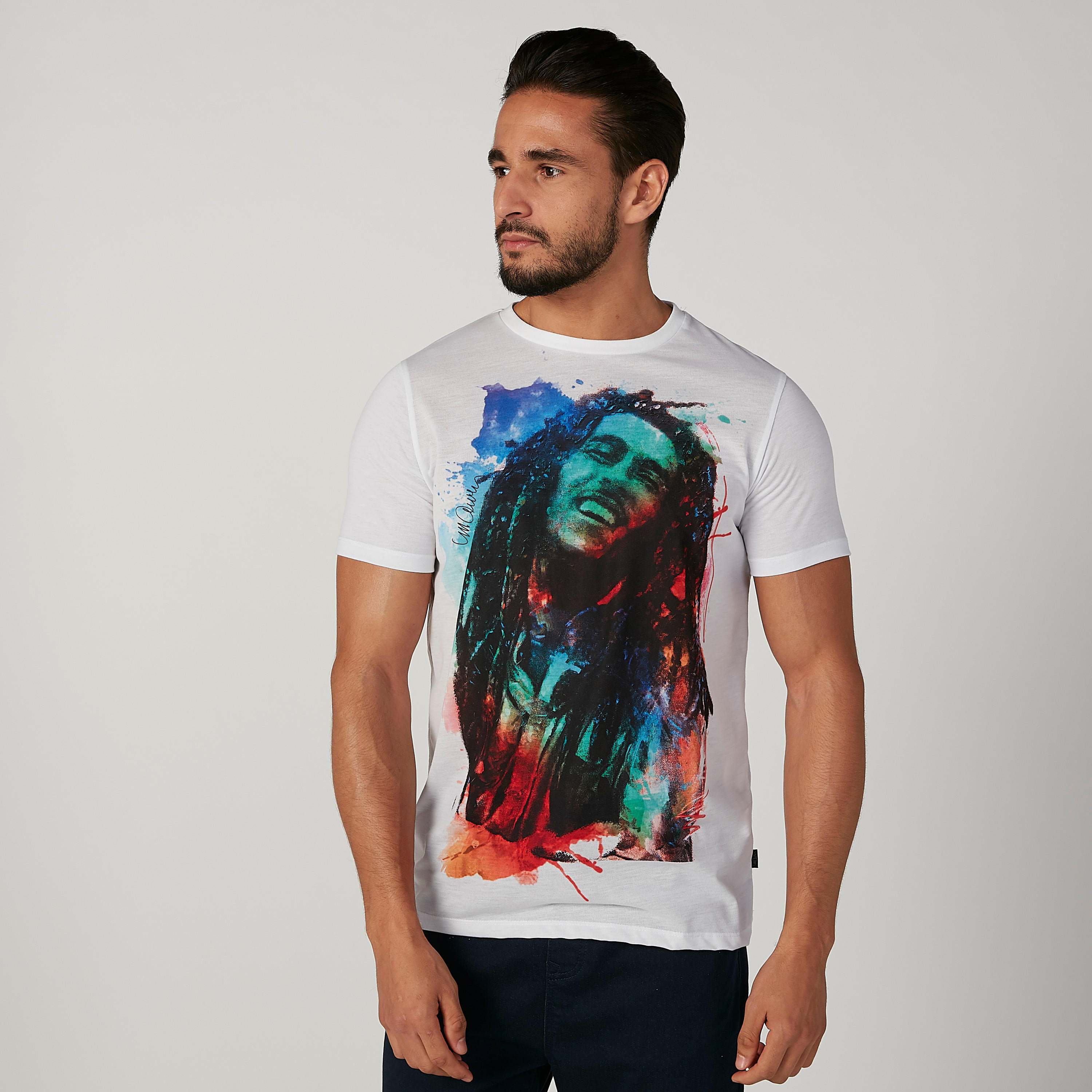 تيشيرت سليم بياقة ضيقة وأكمام قصيرة وطبعات بوب مارلي-men-clothing-tshirtsandpolos-tshirts-image-1