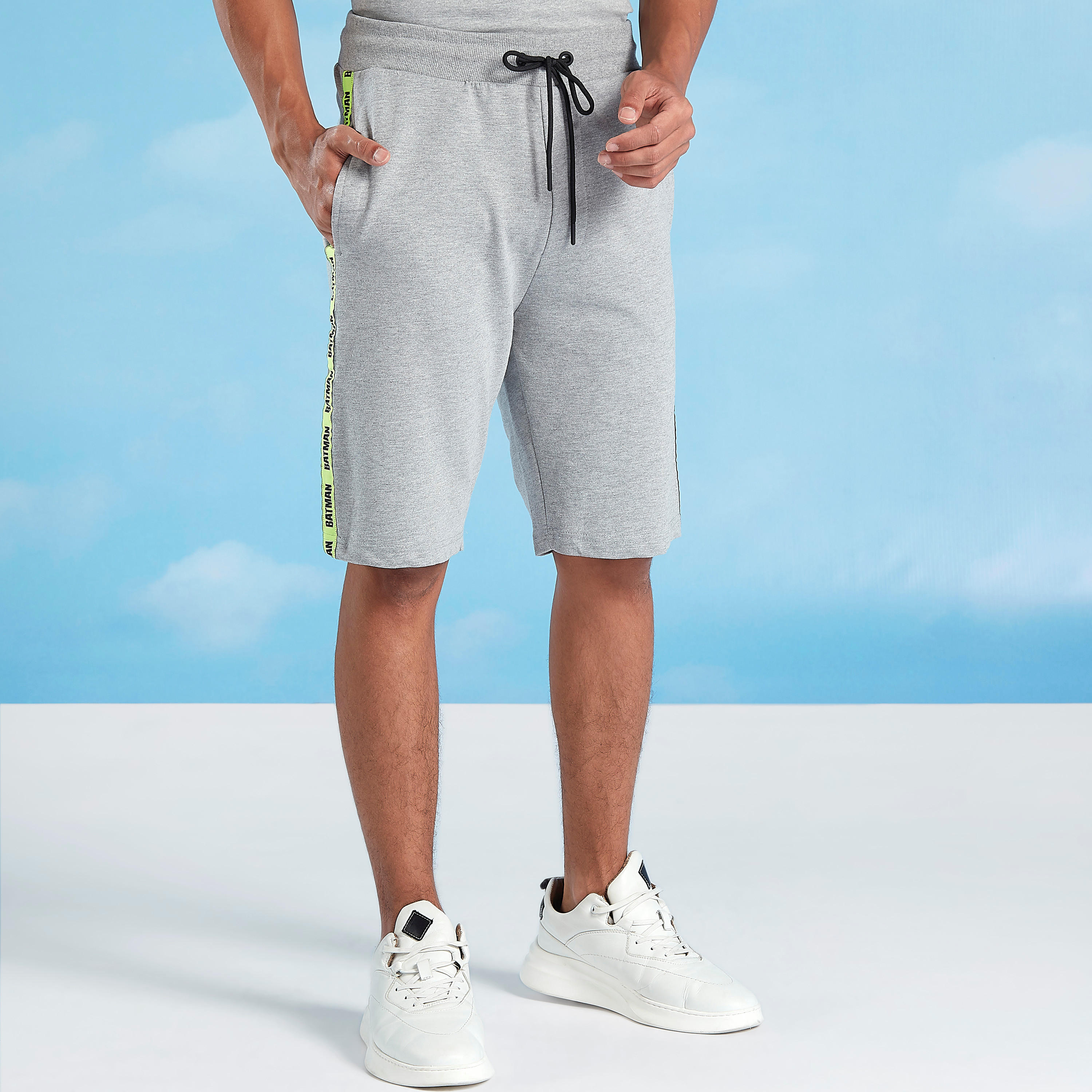 Textured Shorts with Batman Printed Tape Detail and Drawstring-men-clothing-bottoms-shorts-image-1