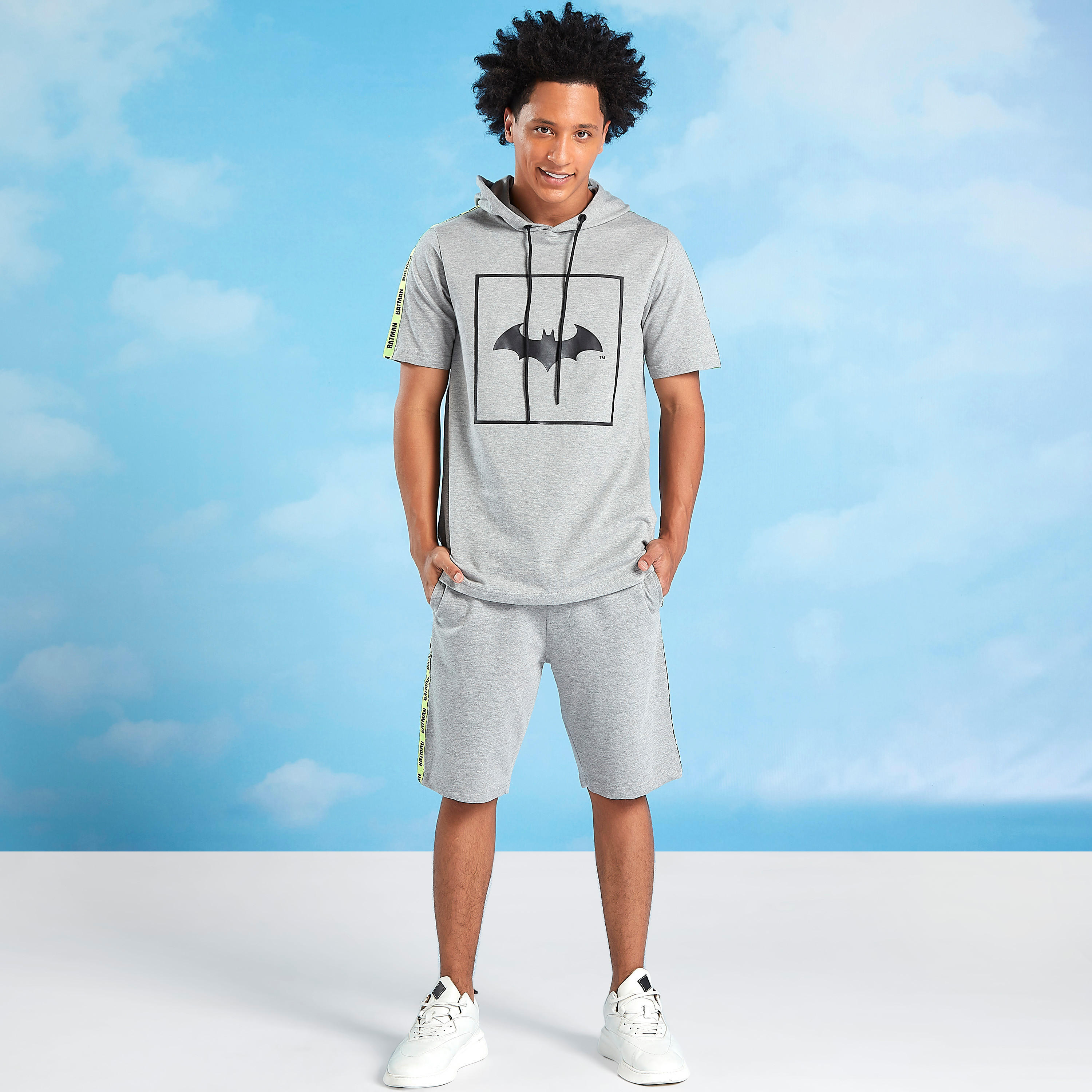 Textured Shorts with Batman Printed Tape Detail and Drawstring-men-clothing-bottoms-shorts-image-2