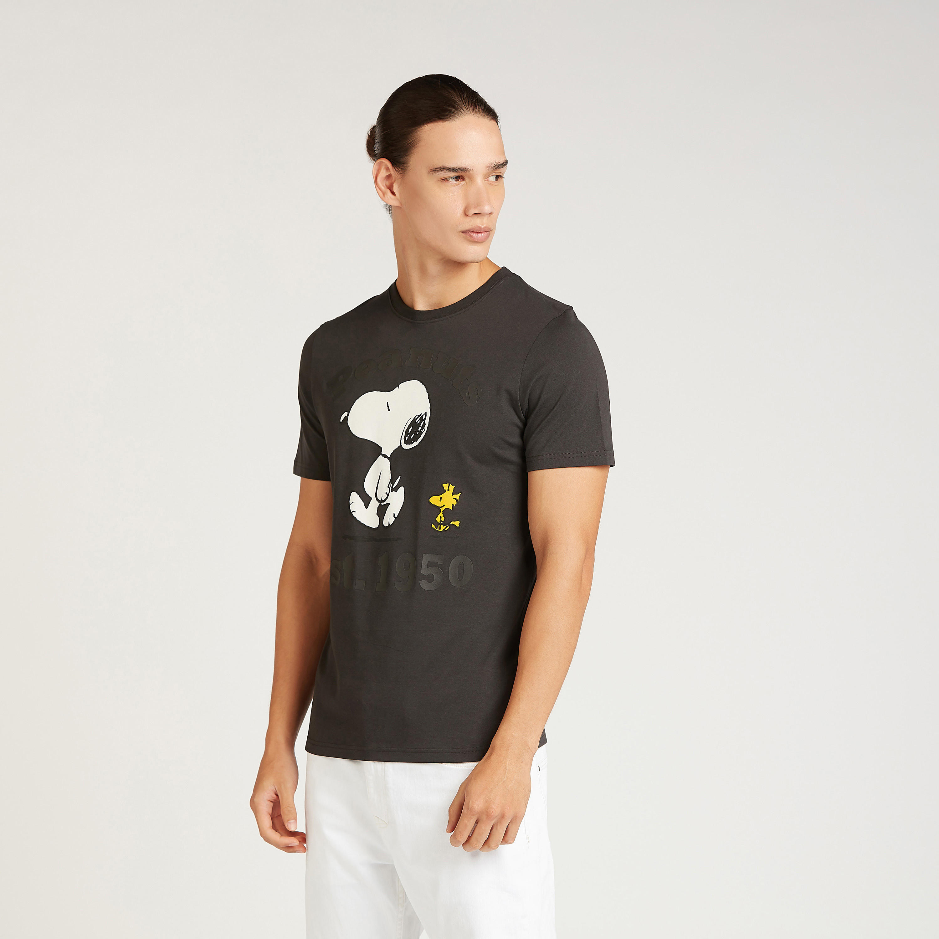 تيشيرت بقصة سليم بياقة ضيقة وأكمام قصيرة وطبعات-men-clothing-tshirtsandpolos-tshirts-image-1