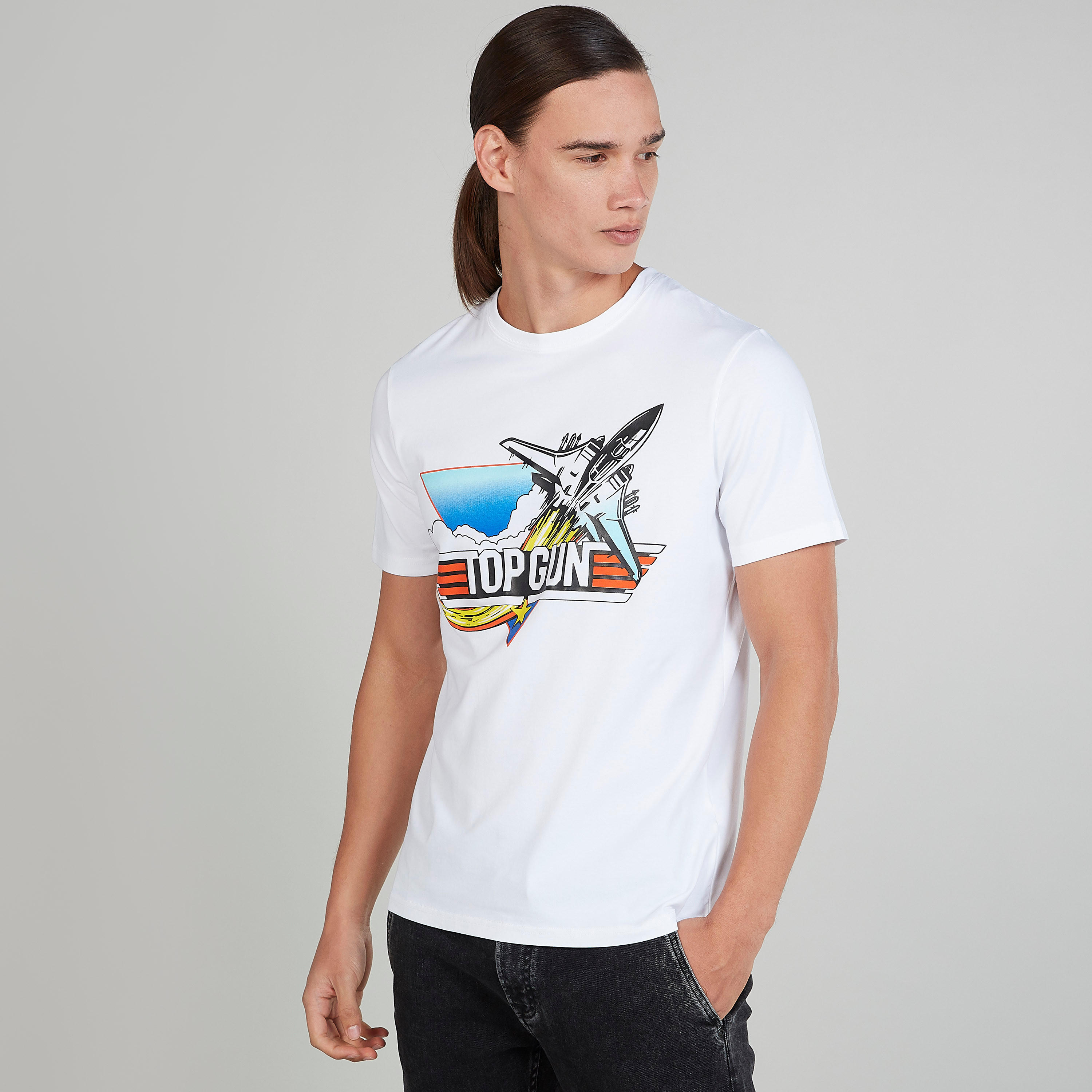 تيشيرت سليم بياقة ضيقة وأكمام قصيرة بطبعات توب جان-men-clothing-tshirtsandpolos-tshirts-image-1