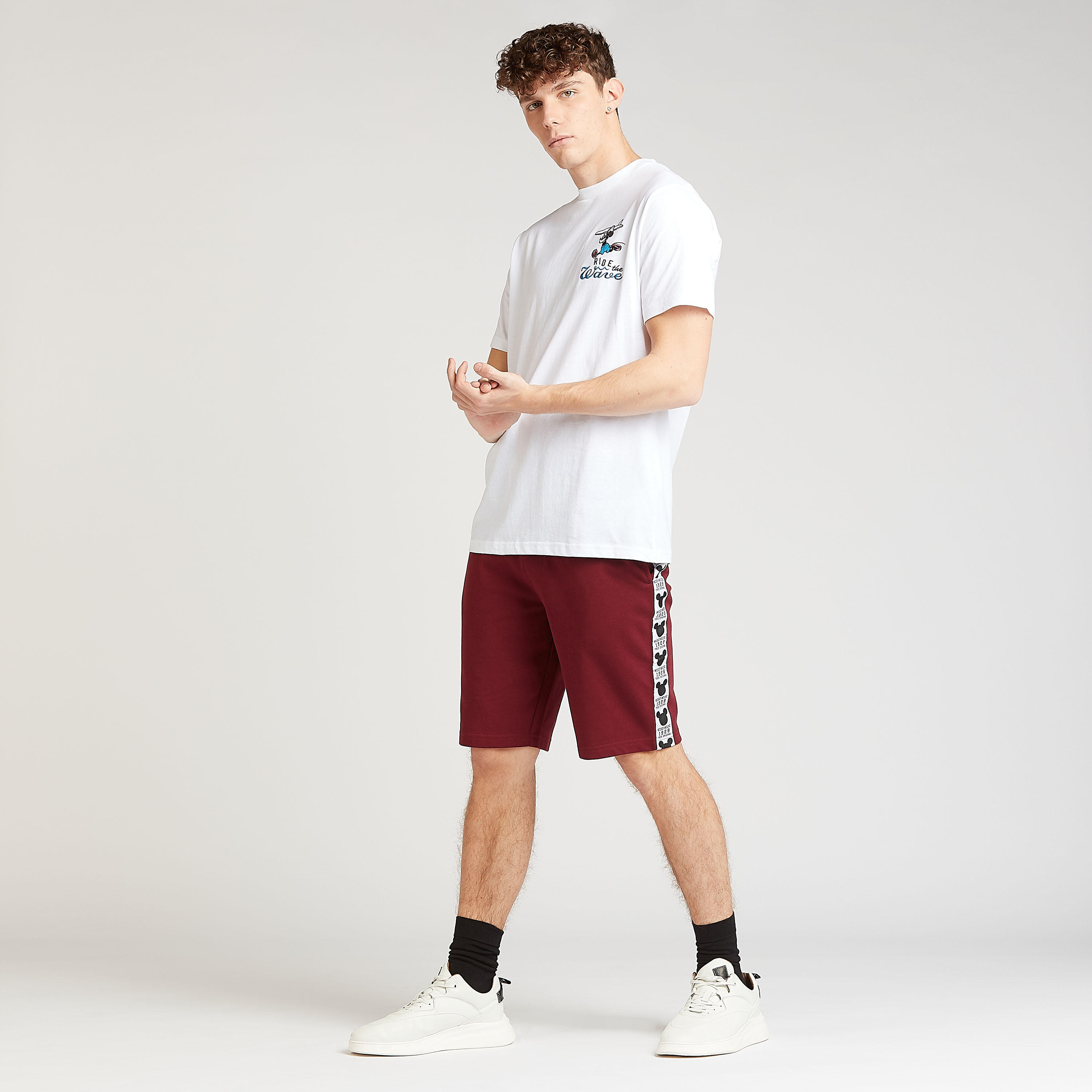 Mickey Mouse Textured Shorts with Tape Detail and Drawstring Closure-men-clothing-bottoms-shorts-image-2