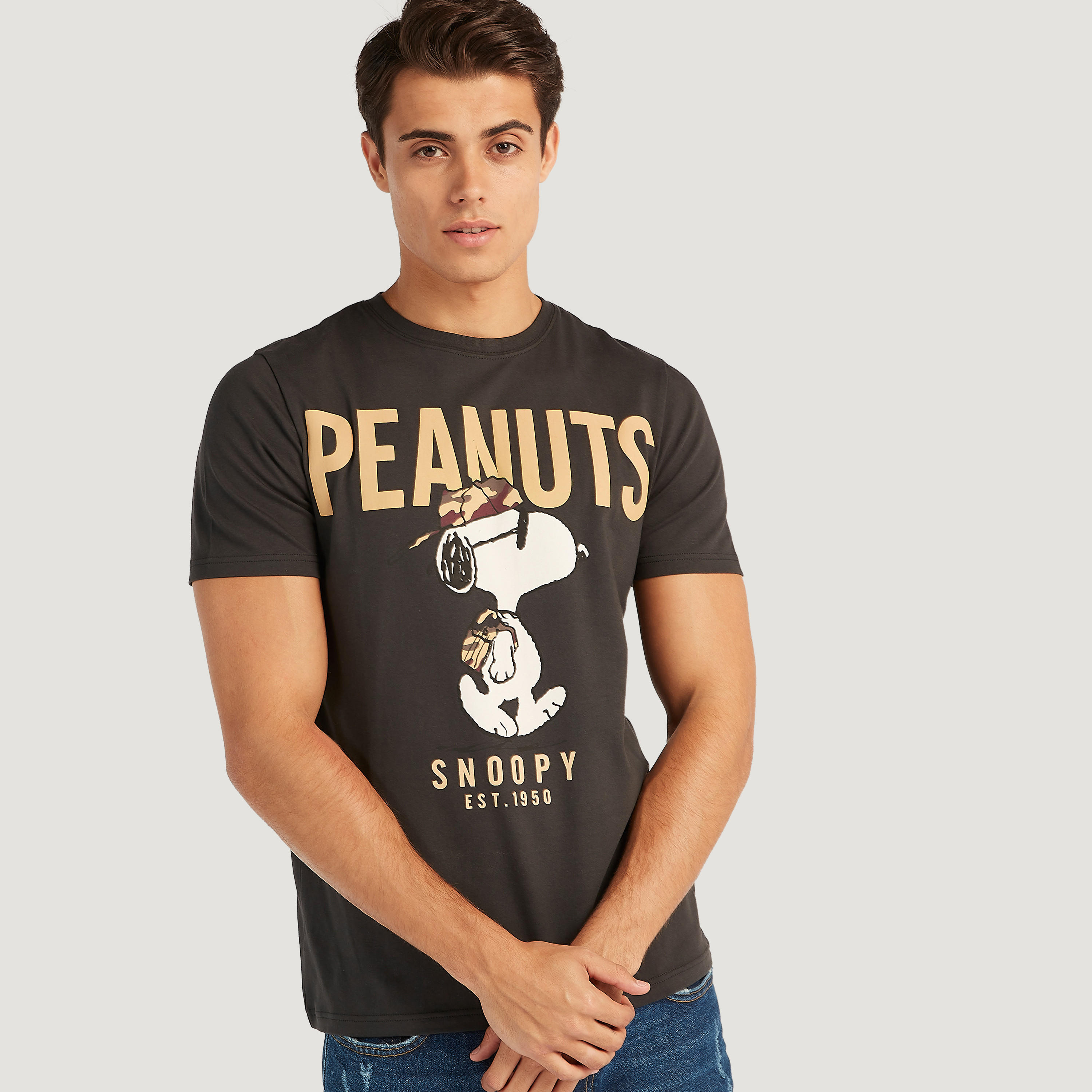 Peanuts Print Crew Neck T-shirt with Short Sleeves-men-clothing-tshirtsandpolos-tshirts-image-1
