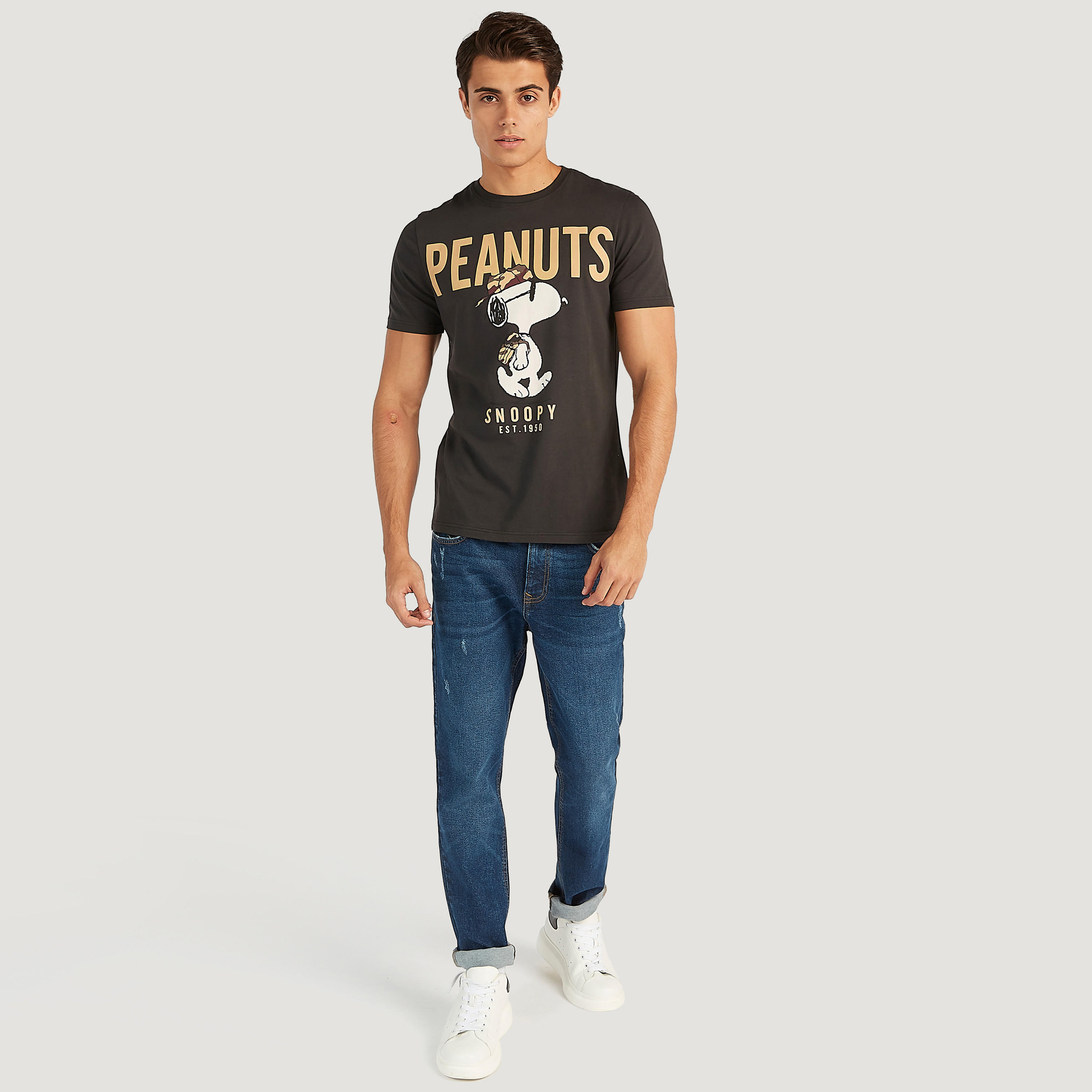 Peanuts Print Crew Neck T-shirt with Short Sleeves-men-clothing-tshirtsandpolos-tshirts-image-2