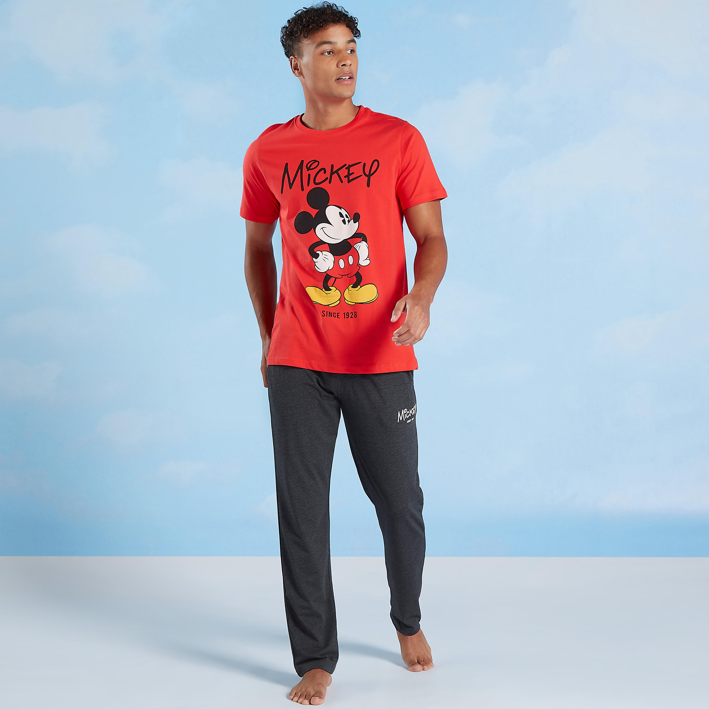 Mickey Mouse Print Crew Neck T-shirt and Full Length Pyjama Set-men-clothing-nightwear-sets-image-2