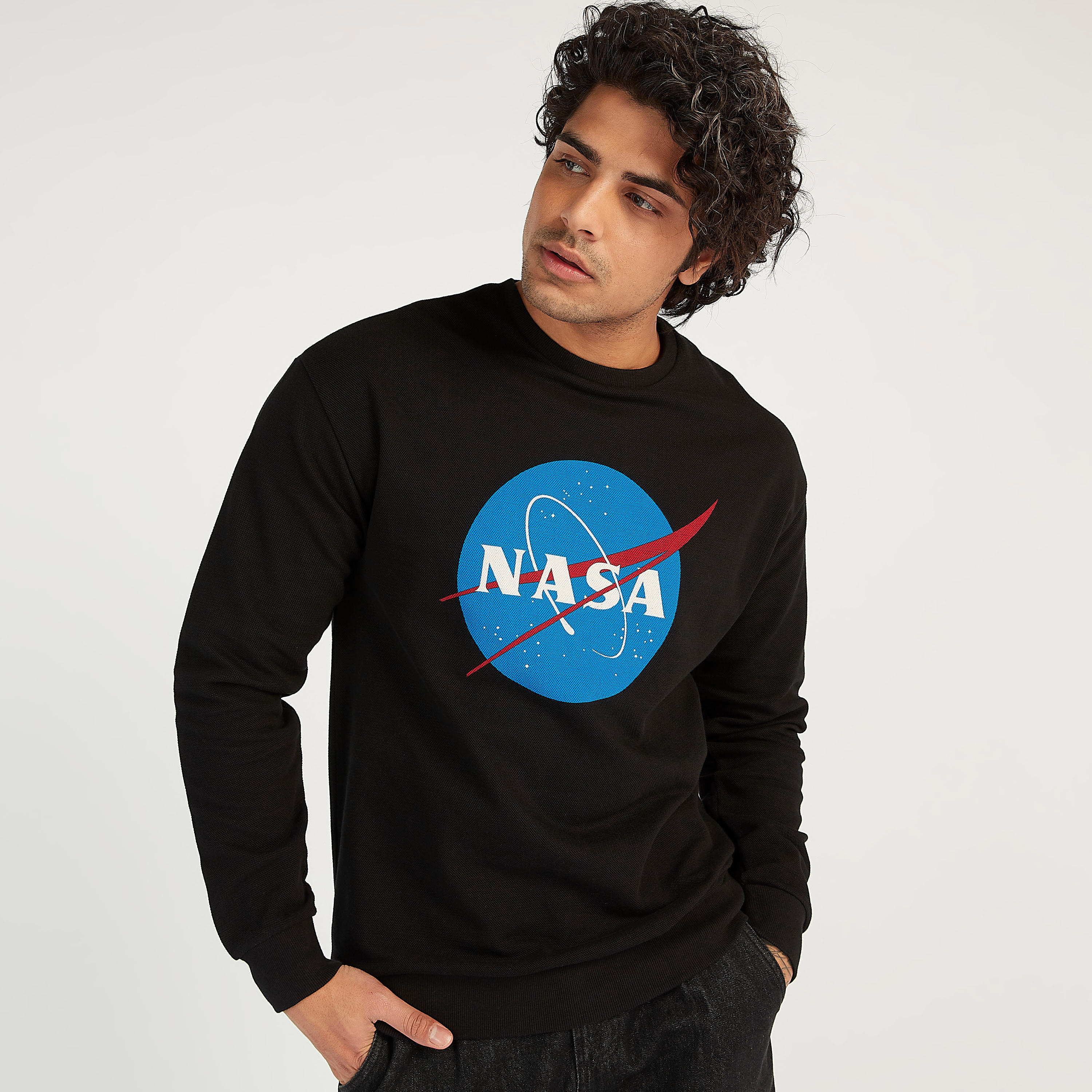 Sustainable NASA Print Crew Neck Sweatshirt with Long Sleeves-men-winterwear-hoodiesandsweatshirts-image-1