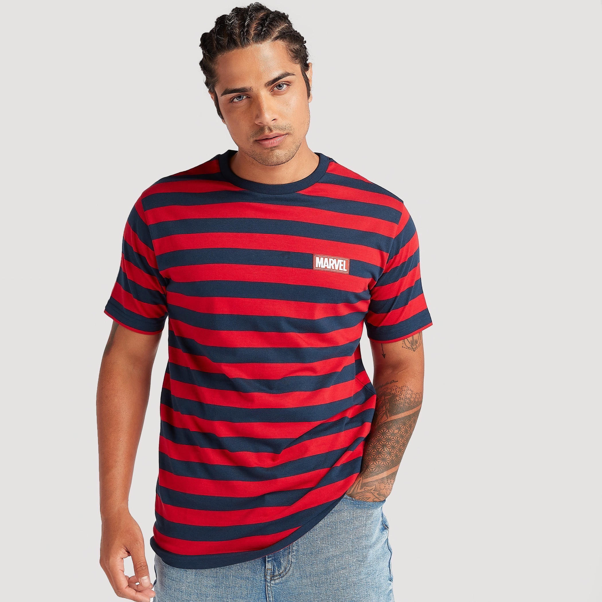 Marvel Striped Crew Neck T-shirt with Short Sleeves-men-clothing-tshirtsandpolos-tshirts-image-1