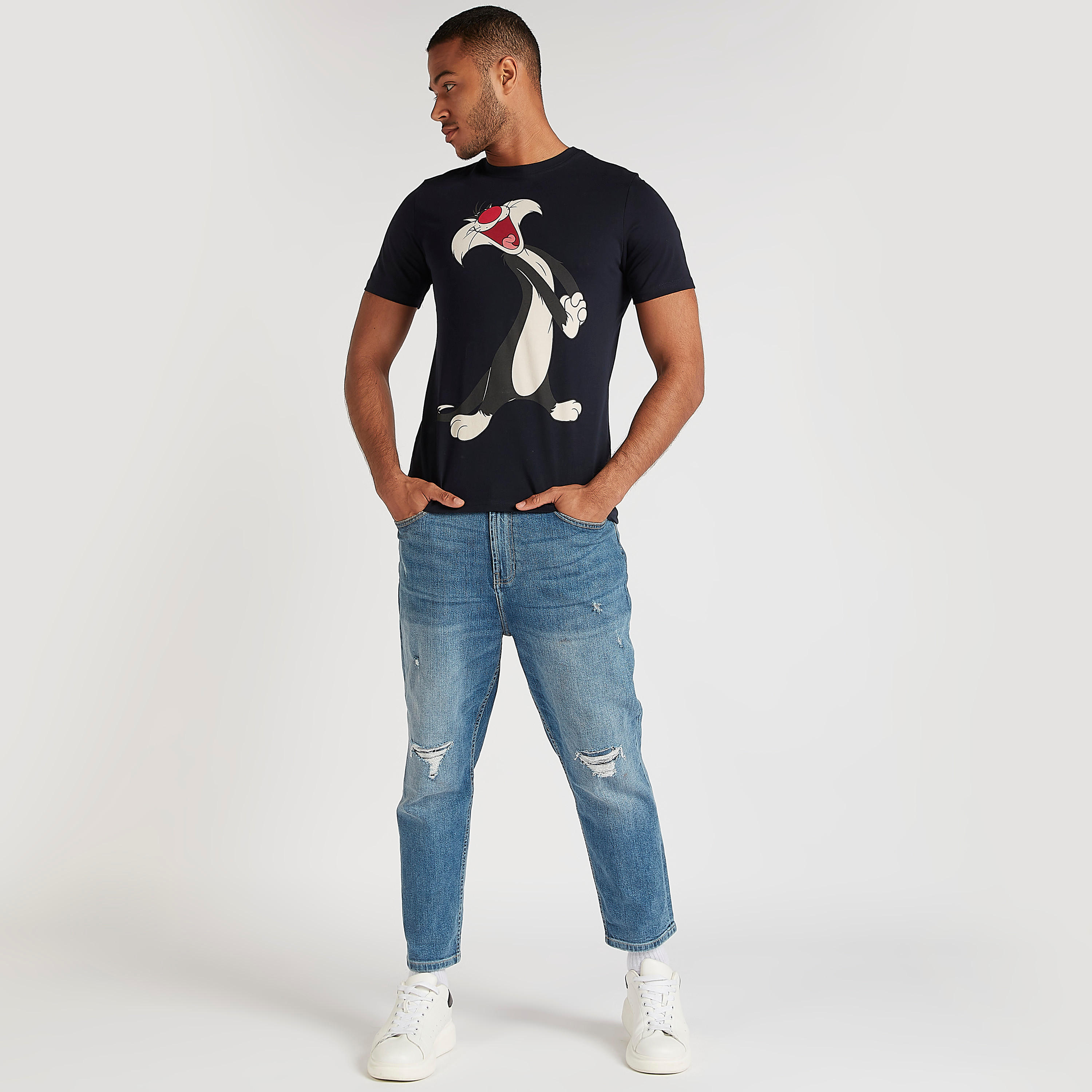 تيشيرت بياقة ضيّقة وأكمام قصيرة وطبعات سيلفيستر من كابا-men-clothing-tshirtsandpolos-tshirts-image-2