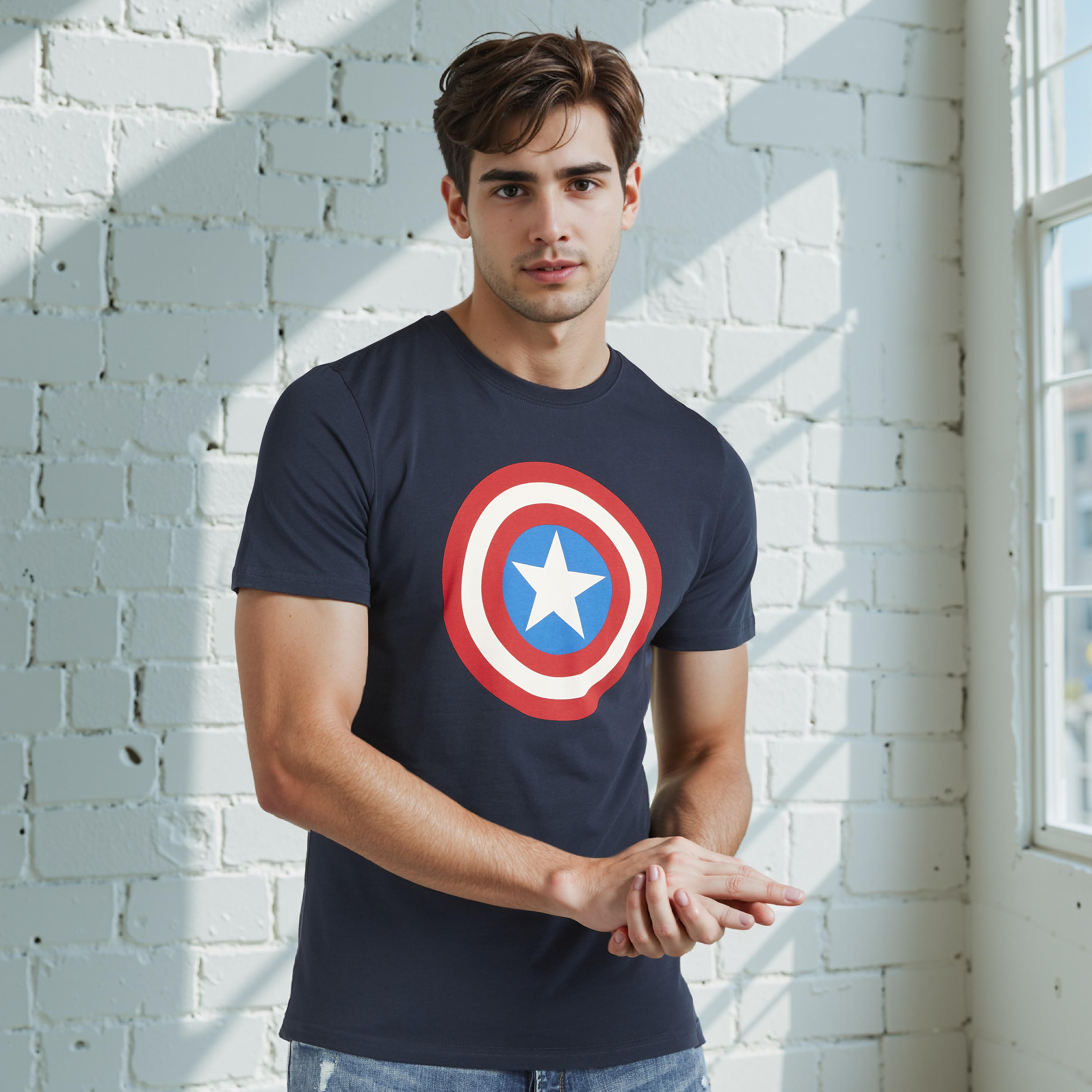 تيشيرت بياقة ضيّقة وأكمام قصيرة وطبعات كابتن أمريكا-men-clothing-tshirtsandpolos-tshirts-image-1