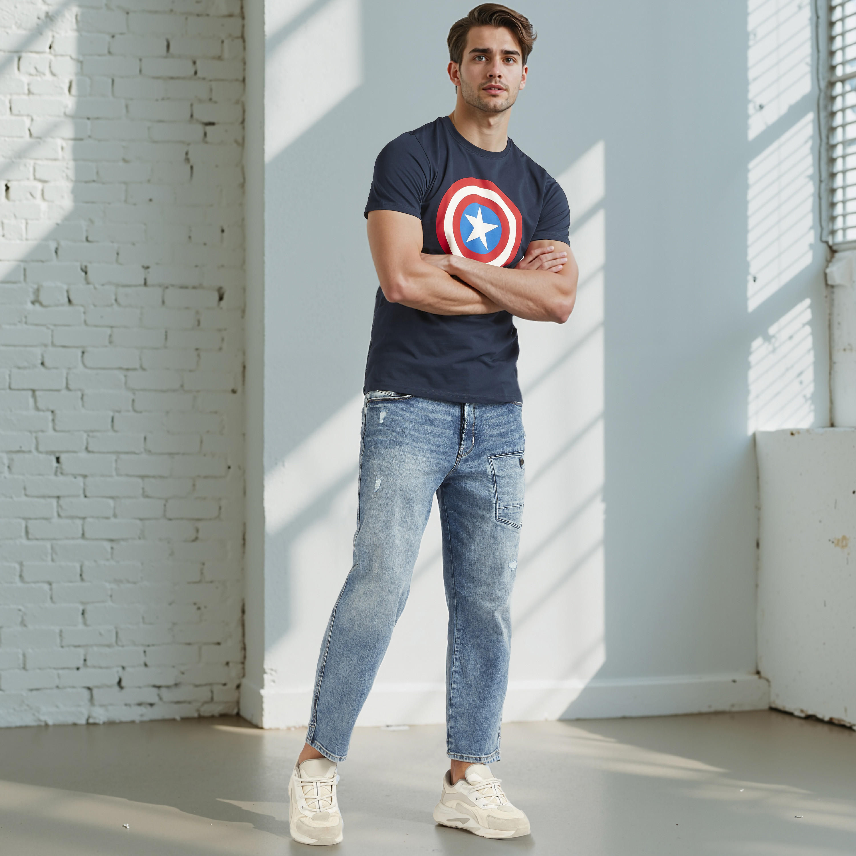 تيشيرت بياقة ضيّقة وأكمام قصيرة وطبعات كابتن أمريكا-men-clothing-tshirtsandpolos-tshirts-image-2