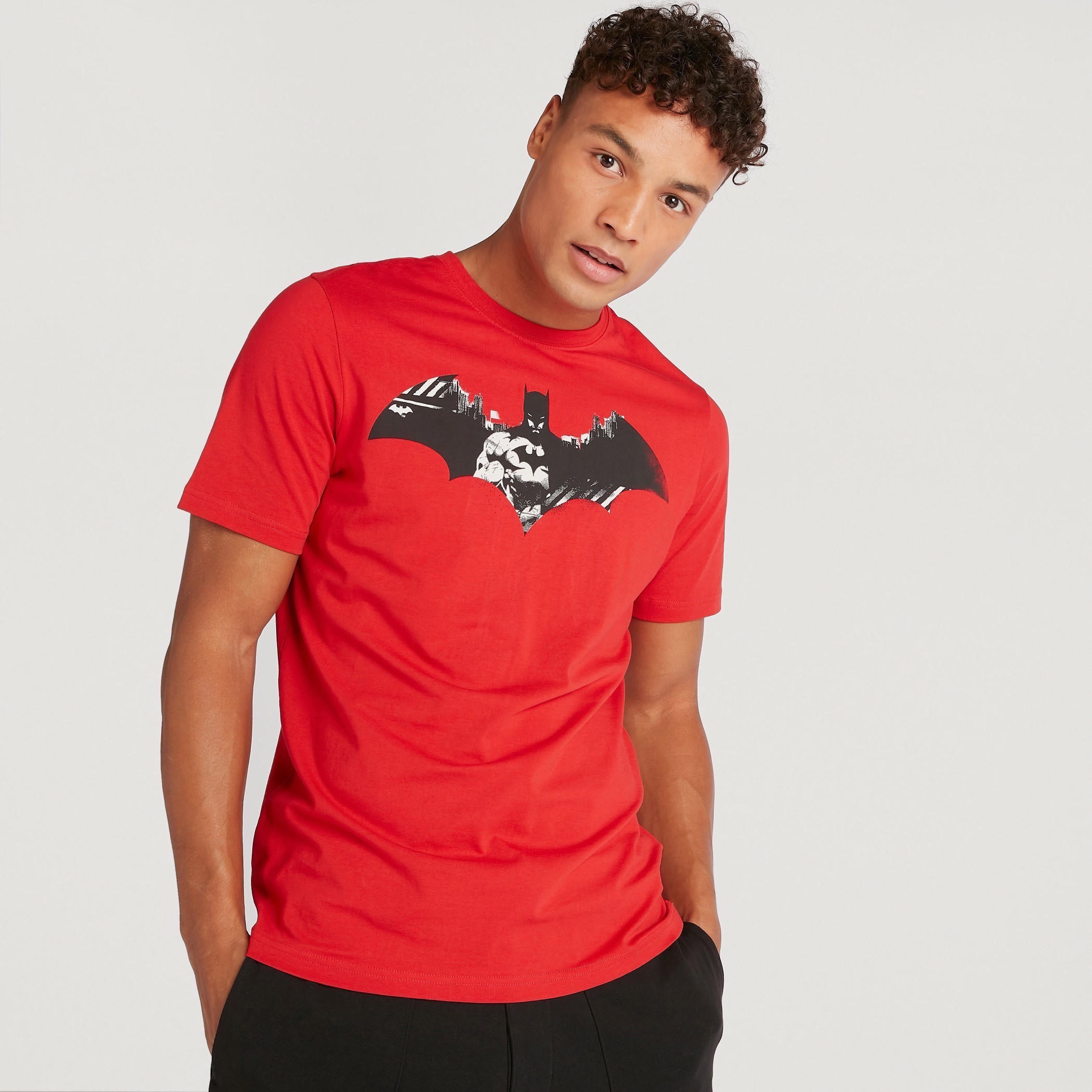 Batman Logo Print Crew Neck T-shirt with Short Sleeves-men-clothing-tshirtsandpolos-tshirts-image-1