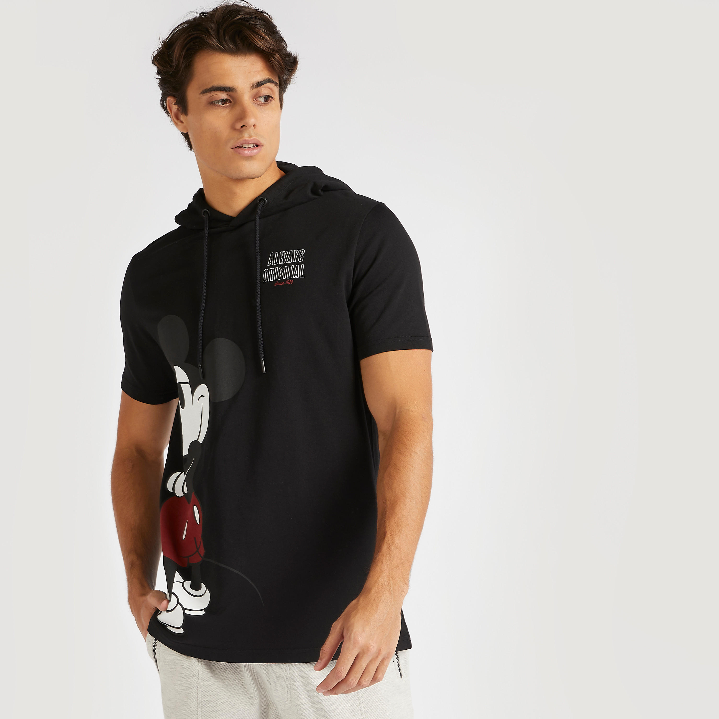 Mickey Mouse Print Hooded T-shirt with Short Sleeves-men-clothing-tshirtsandpolos-tshirts-image-1