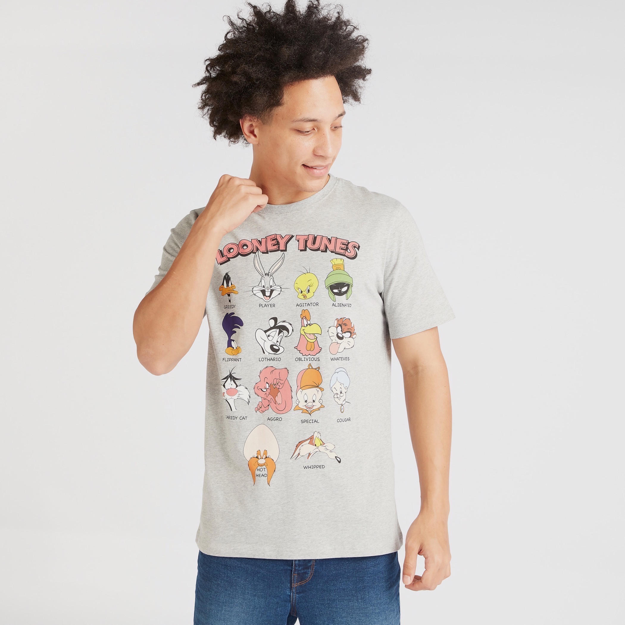 تيشيرت بياقة ضيقة وأكمام قصيرة وطبعات لوني تيونز-men-clothing-tshirtsandpolos-tshirts-image-1
