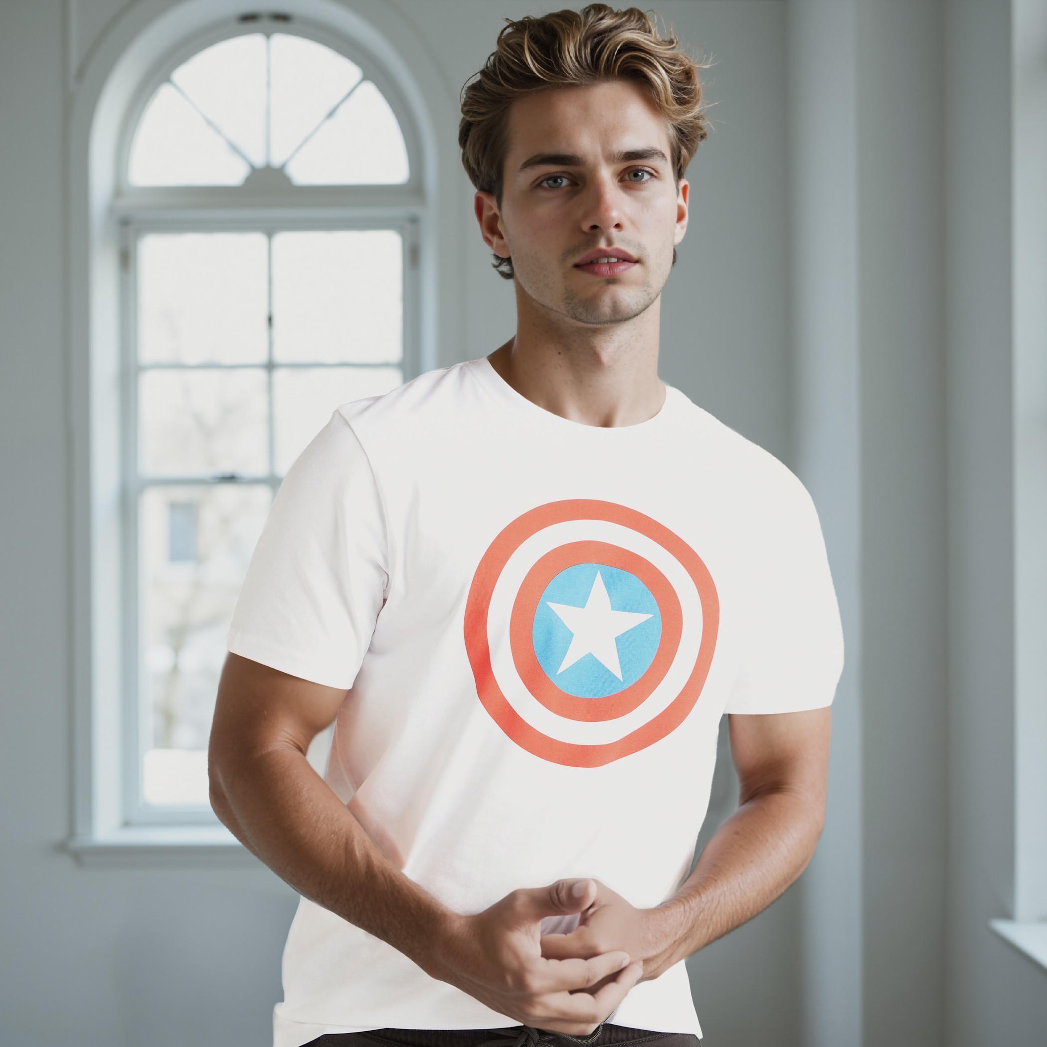 تيشيرت بقصّة سليم وياقة ضيّقة وأكمام قصيرة وطبعات كابتن أمريكا-men-clothing-tshirtsandpolos-tshirts-image-1