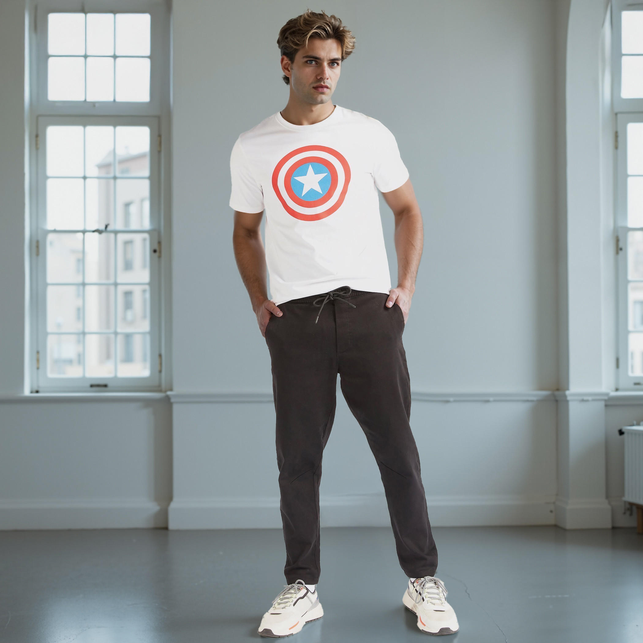 تيشيرت بقصّة سليم وياقة ضيّقة وأكمام قصيرة وطبعات كابتن أمريكا-men-clothing-tshirtsandpolos-tshirts-image-2