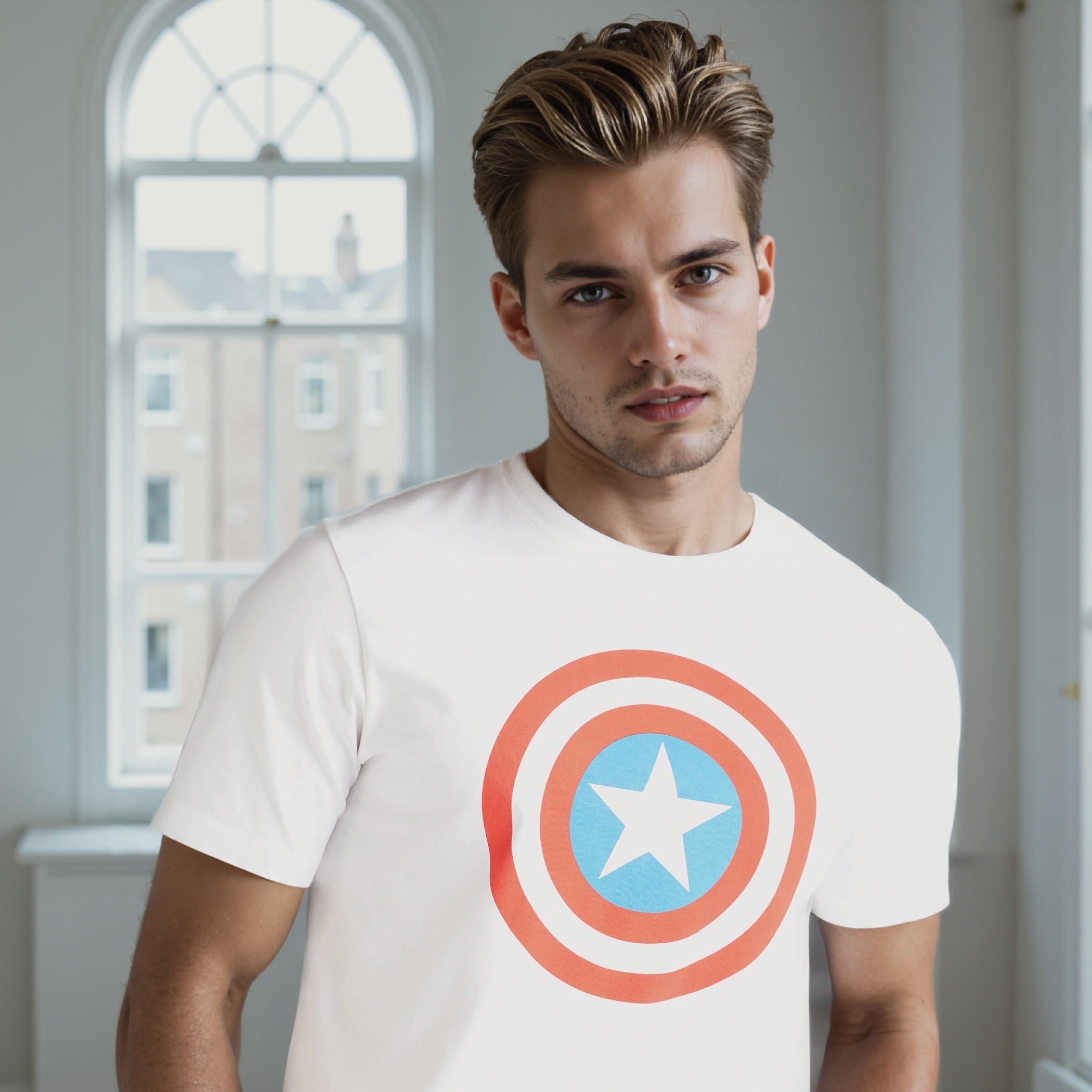 تيشيرت بقصّة سليم وياقة ضيّقة وأكمام قصيرة وطبعات كابتن أمريكا-men-clothing-tshirtsandpolos-tshirts-image-3