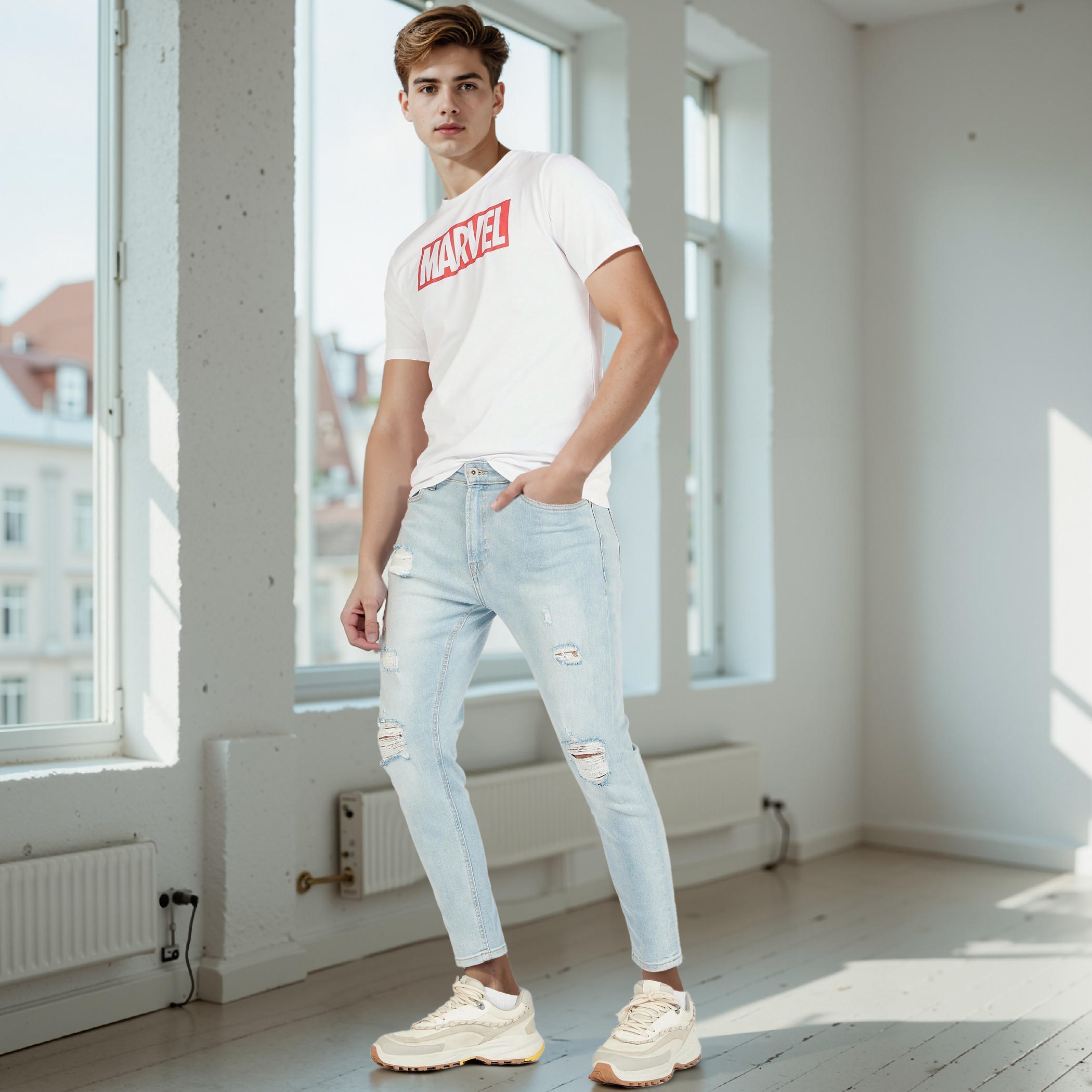 تيشيرت بقصّة سليم وياقة ضيّقة وأكمام قصيرة وطبعات مارفل-men-clothing-tshirtsandpolos-tshirts-image-2