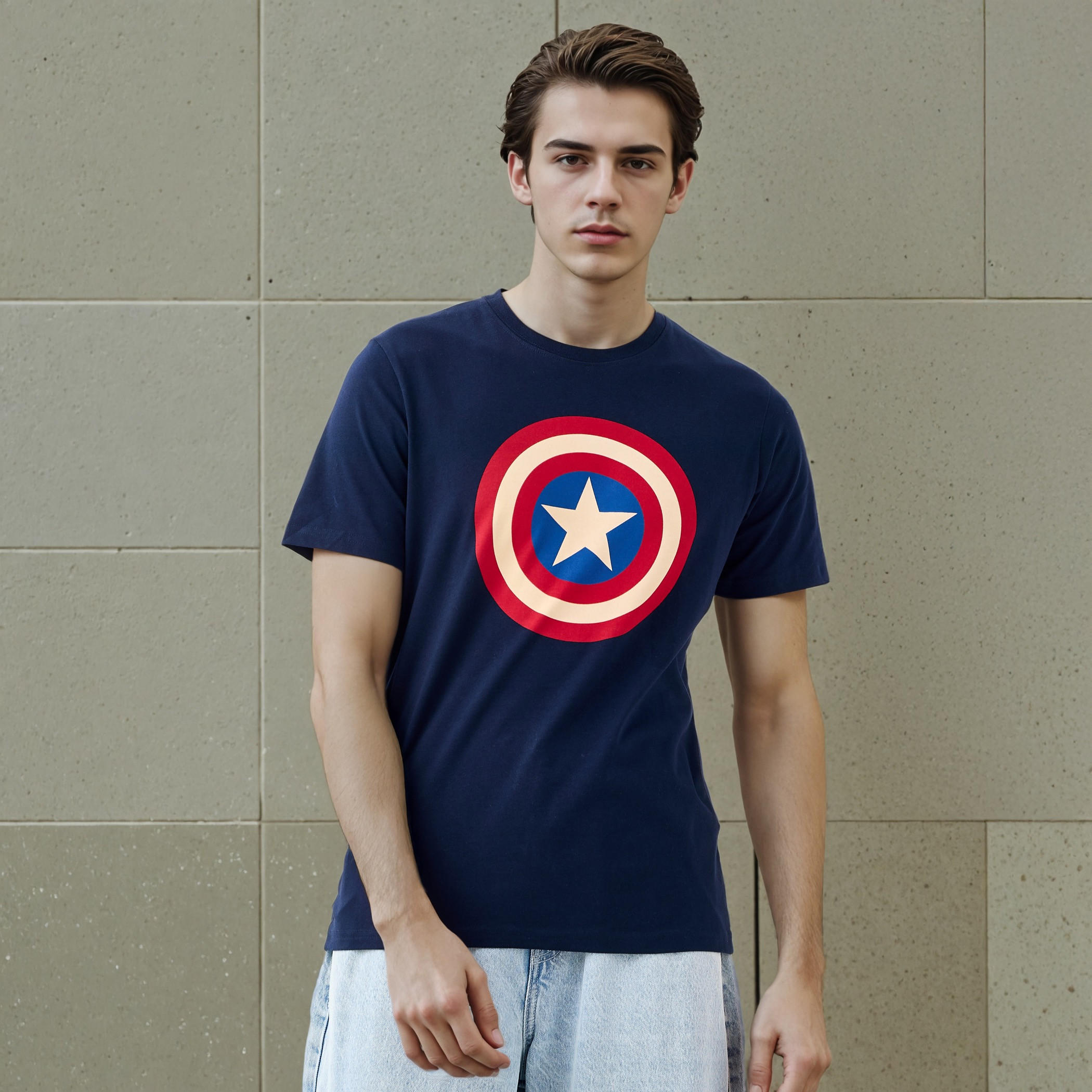 تيشيرت بقصّة سليم وياقة ضيّقة وأكمام قصيرة وطبعات كابتن أمريكا-men-clothing-tshirtsandpolos-tshirts-image-1