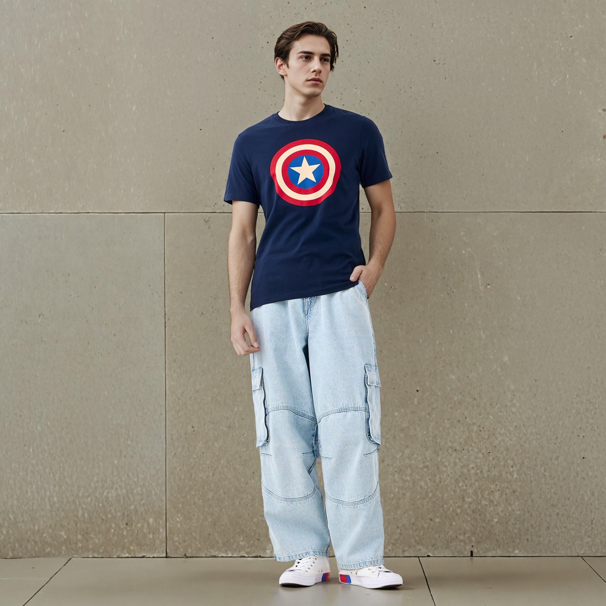 تيشيرت بقصّة سليم وياقة ضيّقة وأكمام قصيرة وطبعات كابتن أمريكا-men-clothing-tshirtsandpolos-tshirts-image-2
