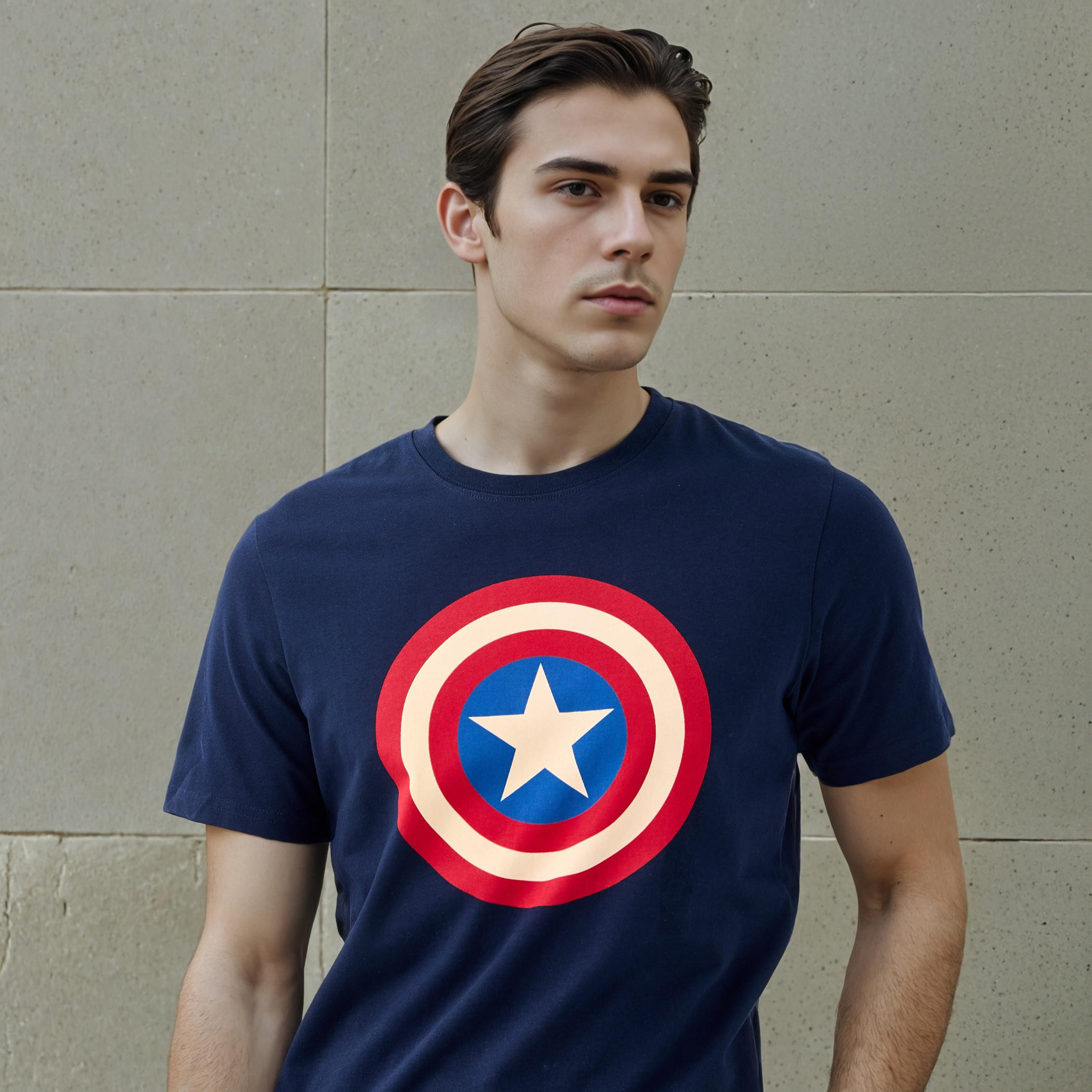 تيشيرت بقصّة سليم وياقة ضيّقة وأكمام قصيرة وطبعات كابتن أمريكا-men-clothing-tshirtsandpolos-tshirts-image-4