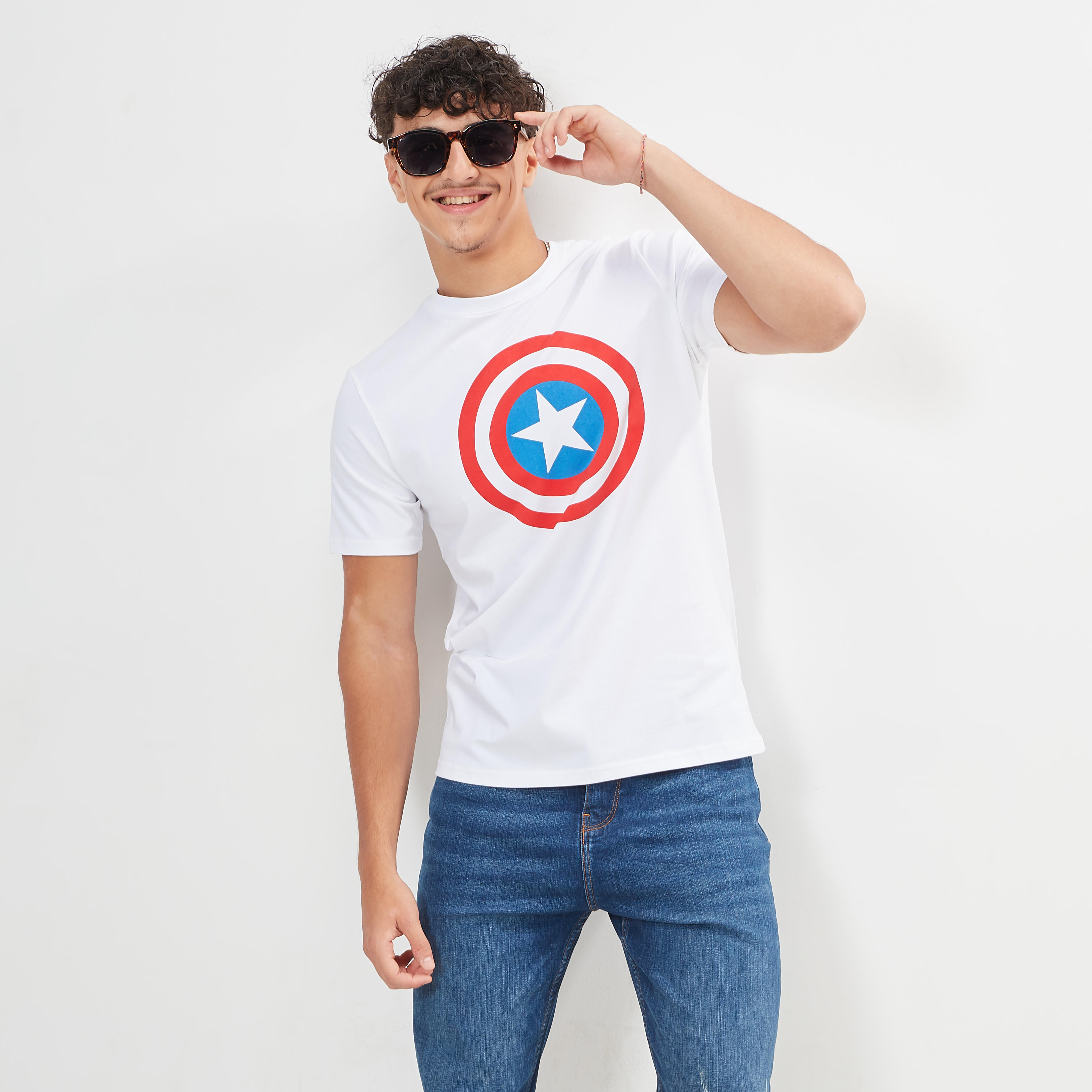 Captain America Print T-shirt with Crew Neck and Short Sleeves-men-clothing-tshirtsandpolos-tshirts-image-3