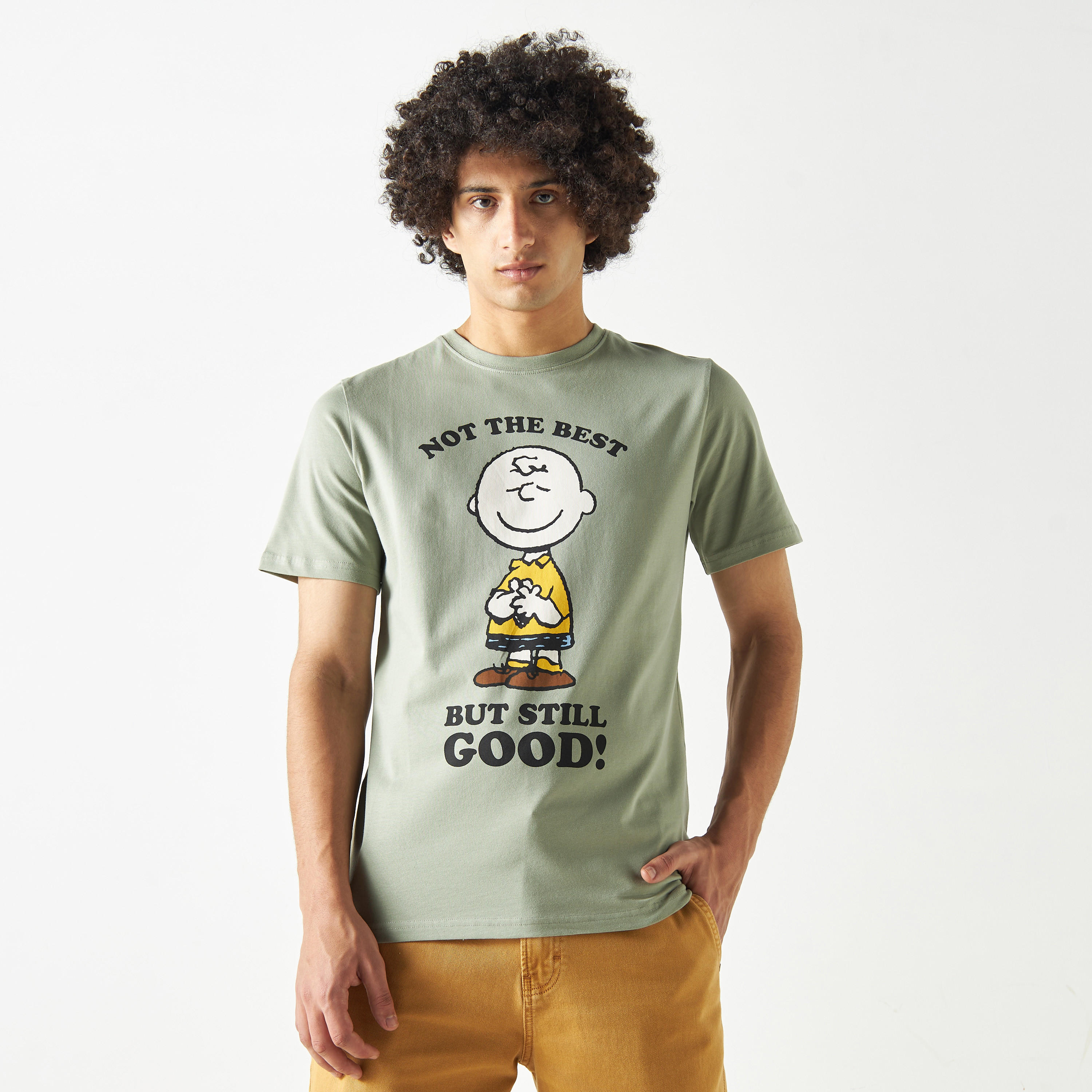 Peanuts Print Crew Neck T-shirt with Short Sleeves-men-clothing-tshirtsandpolos-tshirts-image-1